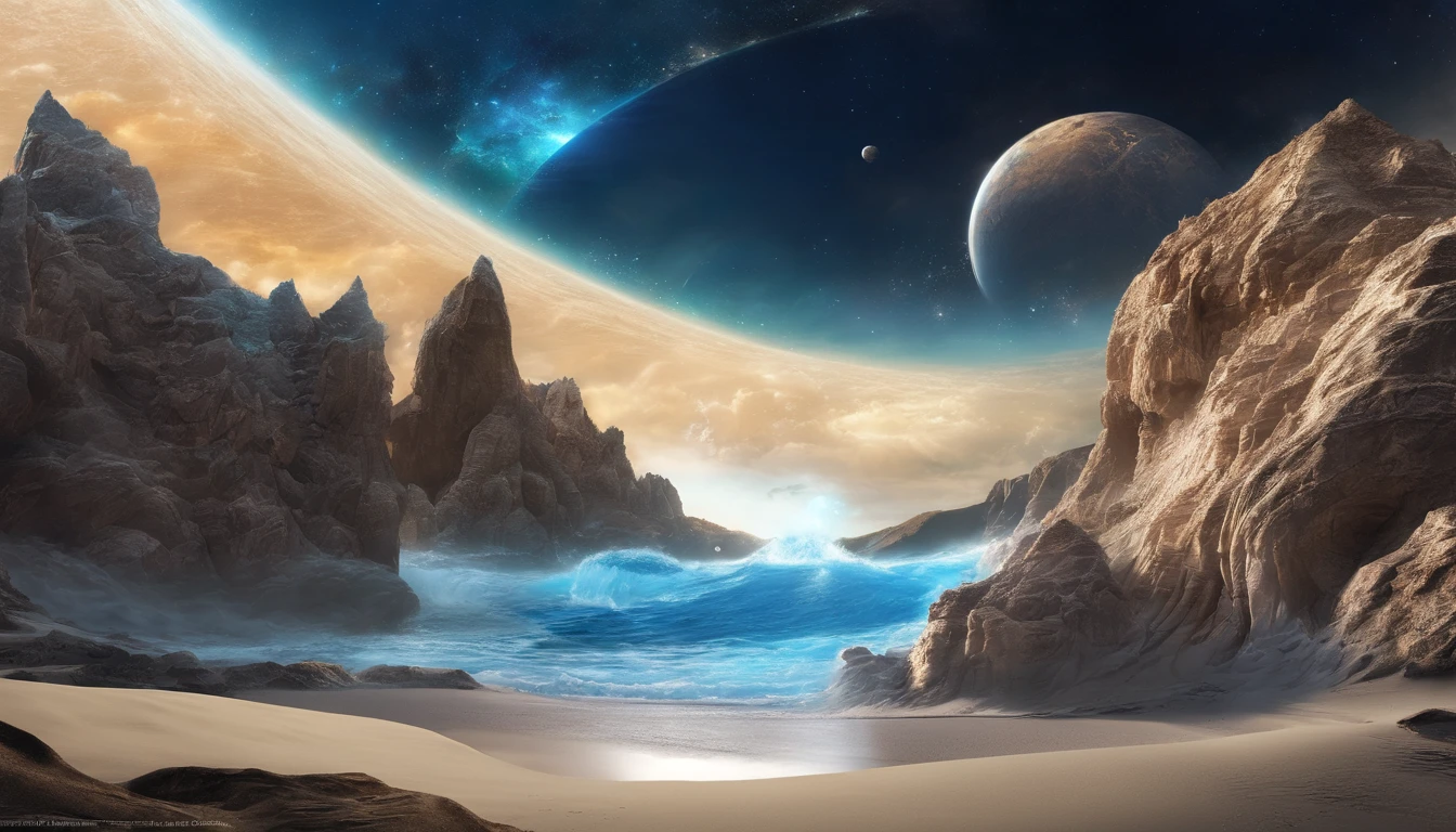 huge planet, the night, starrysky, surrealism, masutepiece, hight resolution、Impressive Milky Way:1.9、sand beach、Vast blue ocean、Blue Waves、Blue glacier、lightning bolt:1.9、Protoplanets、pure beauty