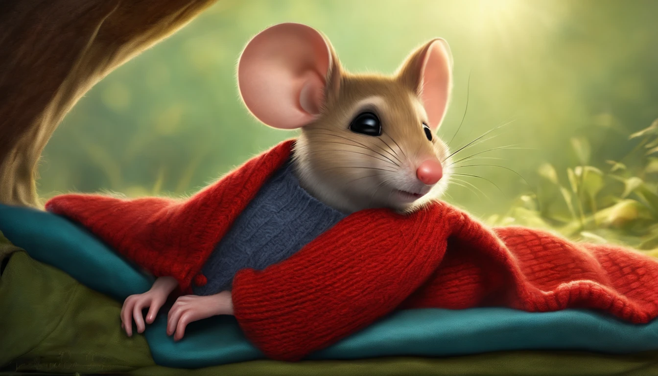 cartoon mouse, laying on it's back on a sleeping bag, wearing a red sweater
