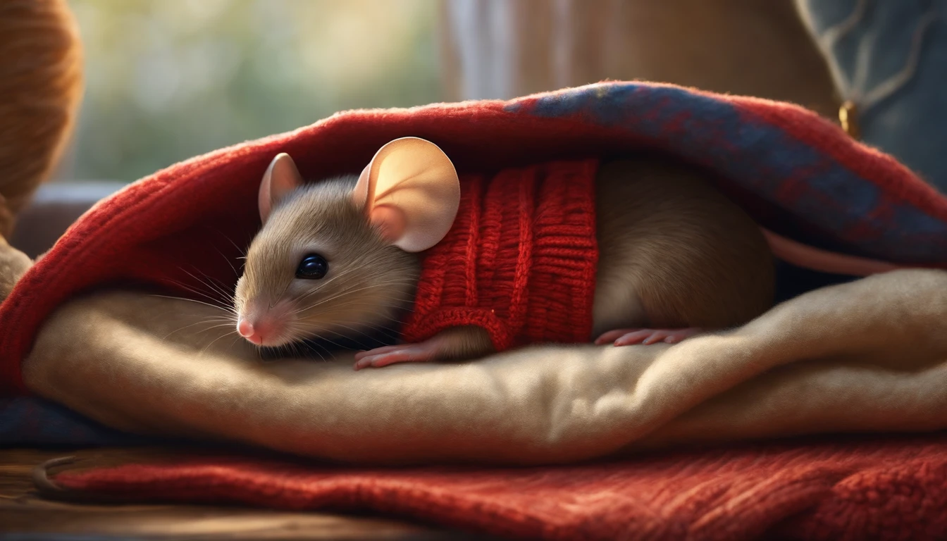 cartoon mouse, laying on it's back on a sleeping bag, wearing a red sweater