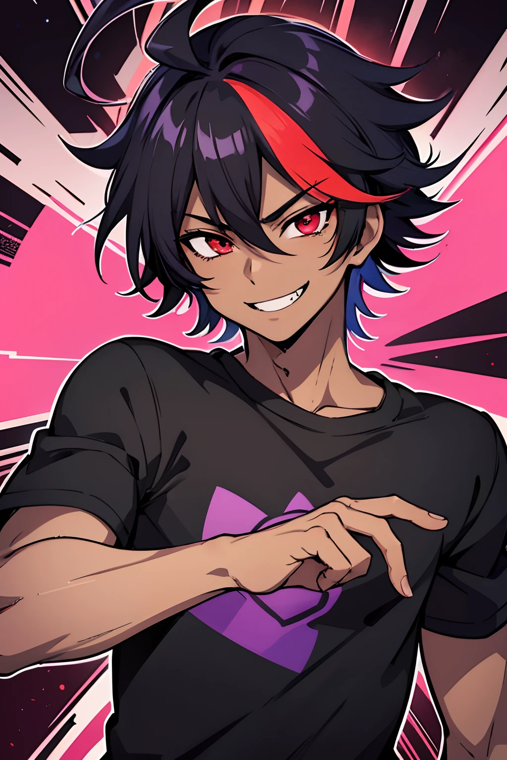 fedora, spiky hair boy, dark skin, smile, black shirt, wink, ahoge, anime, multicolored hair purple and black, red eyes,