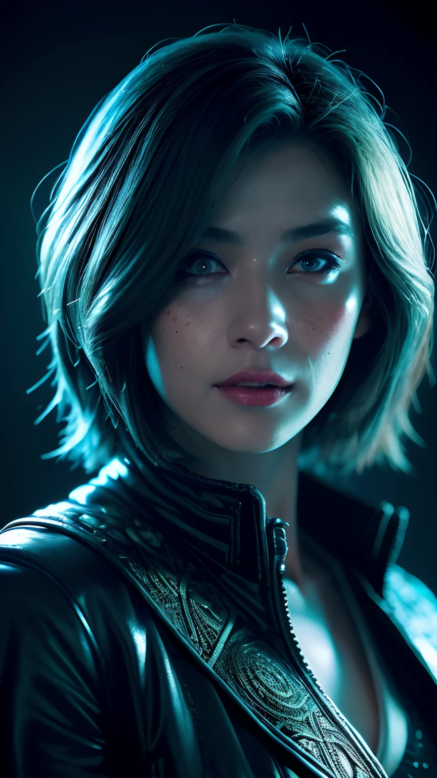 ((top-quality)), ((​masterpiece)), (detaileds:1.4), 。.。.3D, Beautiful Cyberpunk Woman Image,nffsw(HighDynamicRange),Ray traching,NVIDIA RTX,Hyper-Resolution,Unreal 5,Sub-surface scattering,(Kerala, mallu), indian, editorial photograph of a 30 year old woman), (highly detailed face:1.4) (smile:0.7) (background inside dark, moody, private study:1.3) POV, by lee jeffries, nikon d850, film stock photograph ,4 kodak portra 400 ,camera f1.6 lens ,rich colors, hyper realistic ,lifelike texture, dramatic lighting , cinestill 800, wavy hair, messy hair, short hair, mischievous smile, blue hair, freckles, white skin, blue eyes, bodybuilder, thelema, scarlet woman, greek goddess, goddess of night, goddess of magic, astral plane, witchcraft, babalon, Lilith, Pombagira, red full moon, blue jacket  PBR Texturing,Postprocess,Anisotropy Filtering,depth of fields,Maximum clarity and sharpness,multi-layer texture,Albedo and specular maps,Surface Shading,Accurate simulation of light-material interactions,perfectly proportions,Octane Rendering,Two-tone lighting,Wide aperture,Low ISO,White Balance,thirds rule,8K Raw,Circuit Board AI,Silver Body、Metallic body、Beautuful Women、Beautie、Colossal tits、Erotic
