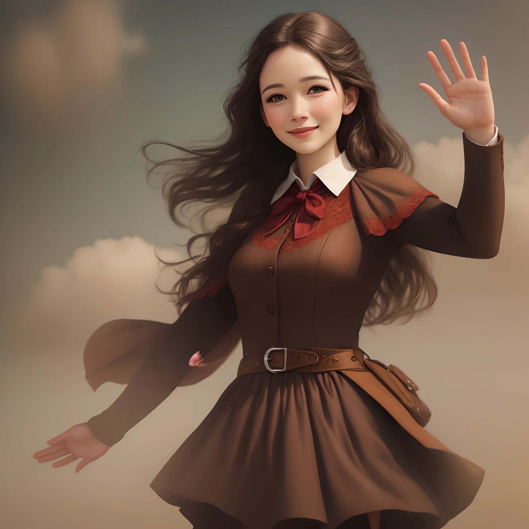 a woman waving goodbye in a realistic style