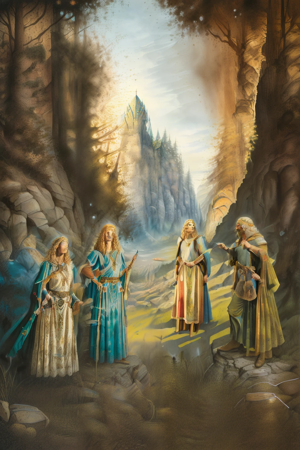 (((pintura estilo Larry Elmore de um mago druida vestido de branco com cajado, ao fundo castelo sobre uma montanha, floresta de pinheiro, paisagem celta)))