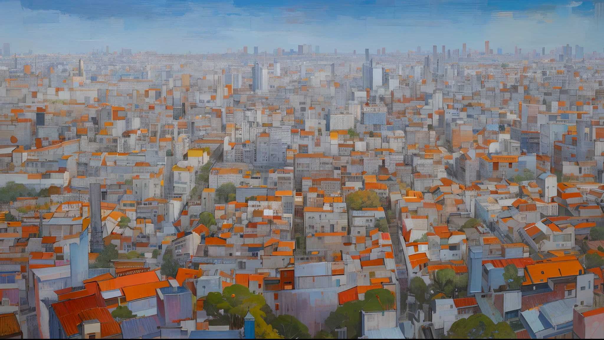 painting of a city with a lot of buildings and trees, by Luis Enrique Camej, day cityscape, city landscape, by Santiago Martínez Delgado, city scape, by Francisco Zúñiga, raphaël, by Juan Giménez, by Hugo Sánchez Bonilla, realistic painting of a complex, expansive detailed layered city