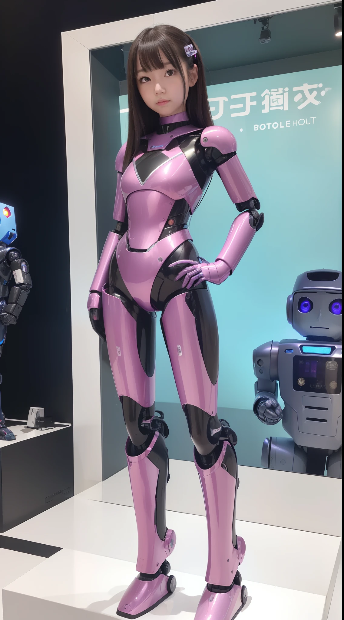 (Photorealsitic:1.4)、one girl、(top-quality)、(hyperdetailed face)、(Super well-formed face)、((Robot Parts))、(Robot Girl)、(Blue)、(pink there)、(Burgundy)、(metallic)、(full-body)、(sexy  pose)、(Slender body)、(Model body type)、(full body mech)、(Akihabara)、(is looking at the camera)、(A dark-haired)、(Well-proportioned girl)、(a small face)、(Idol)、(front facing)、(Standing with legs open)、(Hands on hips)、(Photo session)、(Looks sad)、(perfect-robot-girl)