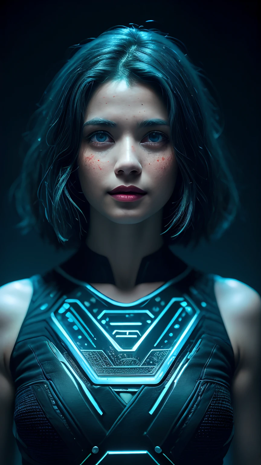 ((top-quality)), ((masterpiece)), (detaileds:1.4), 。.。.3D, Beautiful Cyberpunk Woman Image,nffsw(HighDynamicRange),Ray traching,NVIDIA RTX,Hyper-Resolution,Unreal 5,Sub-surface scattering,(Kerala, mallu), indian, editorial photograph of a 30 year old woman), (highly detailed face:1.4) (smile:0.7) (background inside dark, moody, private study:1.3) POV, by lee jeffries, nikon d850, film stock photograph ,4 kodak portra 400 ,camera f1.6 lens ,rich colors, hyper realistic ,lifelike texture, dramatic lighting , cinestill 800, wavy hair, messy hair, short hair, mischievous smile, blue hair, freckles, white skin, blue eyes, bodybuilder, thelema, scarlet woman, greek goddess, goddess of night, goddess of magic, astral plane, witchcraft, babalon, Lilith, Pombagira, red full moon, blue jacket PBR Texturing,Postprocess,Anisotropy Filtering,depth of fields,Maximum clarity and sharpness,multi-layer texture,Albedo and specular maps,Surface Shading,Accurate simulation of light-material interactions,perfectly proportions,Octane Rendering,Two-tone lighting,Wide aperture,Low ISO,White Balance,thirds rule,8K Raw,Circuit Board AI,Silver Body、Metallic body、Beautuful Women、Beautie、Colossal tits、Erotic