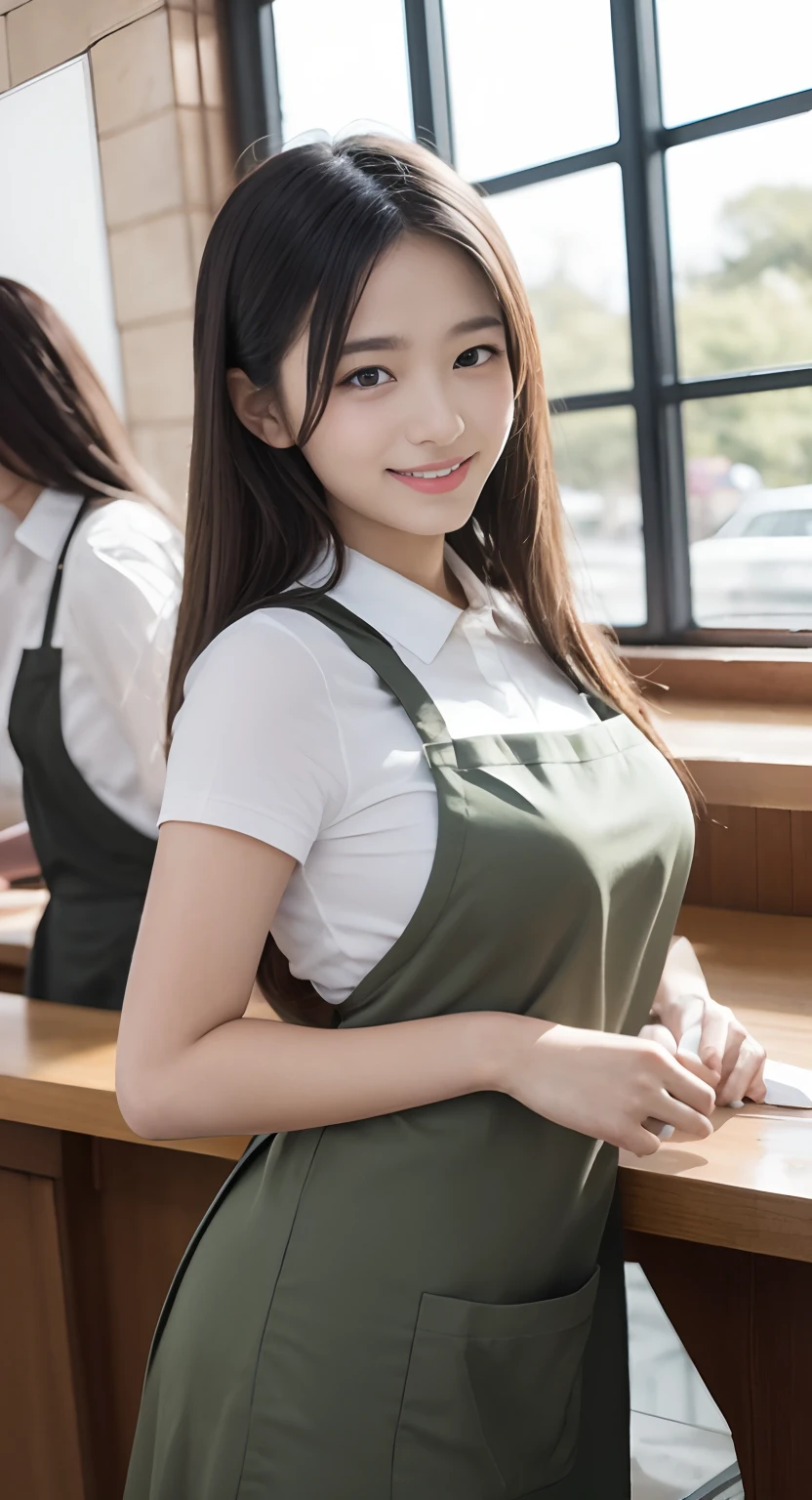 (top-quality、​masterpiece:1.2)、Best Quality、realisitic、photoshot、hight resolution、1080p、8K、Textured skin、Physical Rendering、1 Japan Girls、High school students、kawaii、Young Face、Rolled hair、(waitresses:1.5、Ruffled apron)、resturant、pretty pose、full of shyness、smil、Big