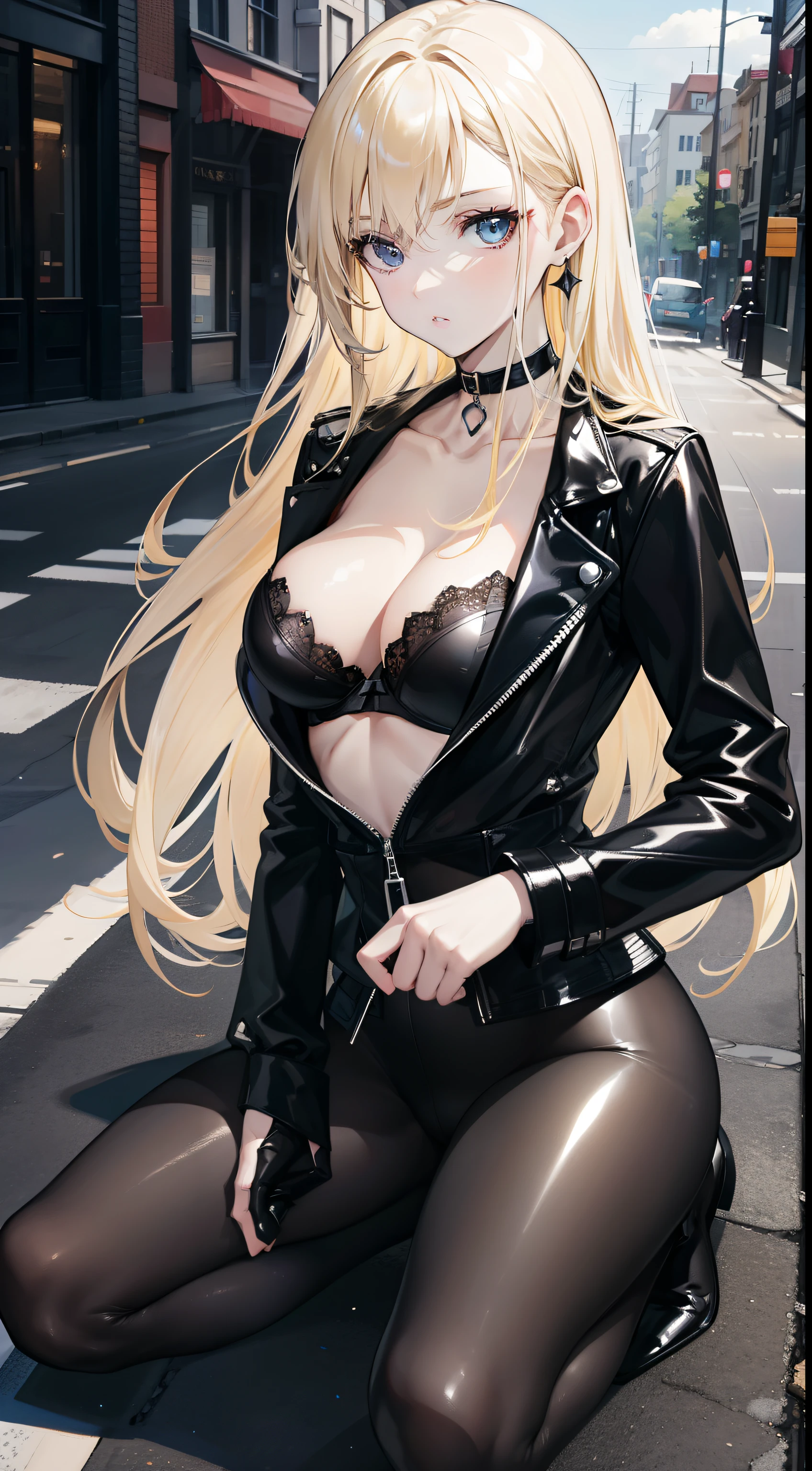 one woman, pale skin, blue eyes, eyebrows, nose, mouth, lips, ears, long blonde hair, choker, open shiny black jacket, shiny black glued bra, shiny black tights, beautiful day, on the street, floor