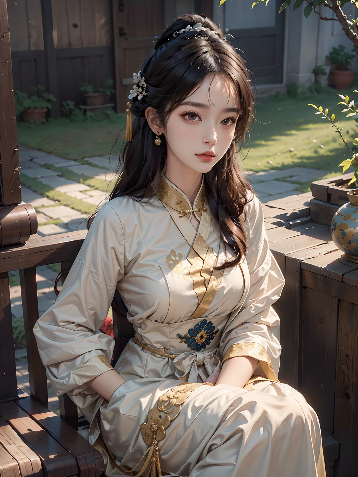 (The best quality), ((Masterpiece)), China, (1girl), solo, Detailed and realistic face, beautiful detailed eyes and lips, long eyelashes, expressive facial features, Ming Dynasty, chinese ancient costume, white and yellow dress, beatiful girl, (full body), detailed dress, jjae, 8k, 4k, UHD, Depth and dimension, the background is a wall with a majestic mosaic patterned with ornaments typical of the Ming dynasty, depth of field, background diffused,
