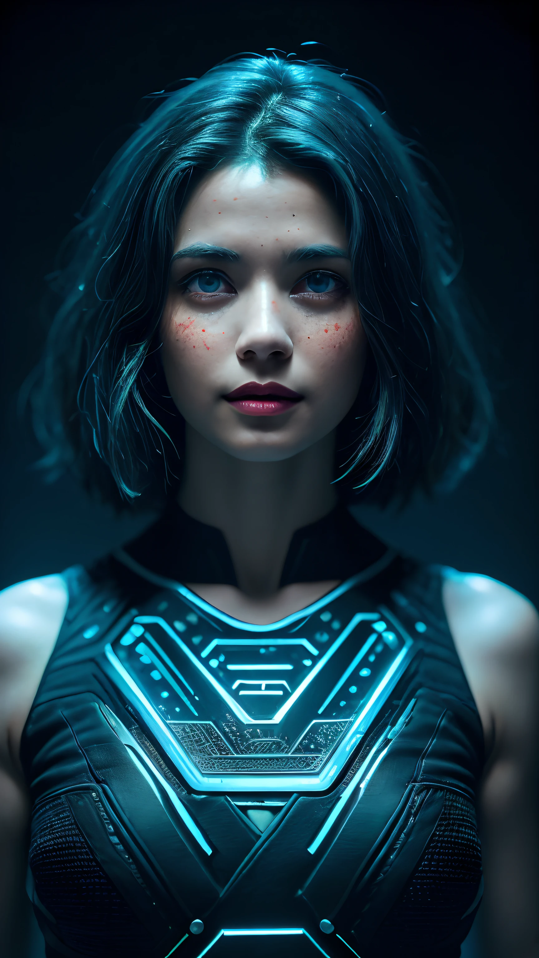 ((top-quality)), ((​masterpiece)), (detaileds:1.4), 。.。.3D, Beautiful Cyberpunk Woman Image,nffsw(HighDynamicRange),Ray traching,NVIDIA RTX,Hyper-Resolution,Unreal 5,Sub-surface scattering,(Kerala, mallu), indian, editorial photograph of a 30 year old woman), (highly detailed face:1.4) (smile:0.7) (background inside dark, moody, private study:1.3) POV, by lee jeffries, nikon d850, film stock photograph ,4 kodak portra 400 ,camera f1.6 lens ,rich colors, hyper realistic ,lifelike texture, dramatic lighting , cinestill 800, wavy hair, messy hair, short hair, mischievous smile, blue hair, freckles, white skin, blue eyes, bodybuilder, thelema, scarlet woman, greek goddess, goddess of night, goddess of magic, astral plane, witchcraft, babalon, Lilith, Pombagira, red full moon, blue jacket  PBR Texturing,Postprocess,Anisotropy Filtering,depth of fields,Maximum clarity and sharpness,multi-layer texture,Albedo and specular maps,Surface Shading,Accurate simulation of light-material interactions,perfectly proportions,Octane Rendering,Two-tone lighting,Wide aperture,Low ISO,White Balance,thirds rule,8K Raw,Circuit Board AI,Silver Body、Metallic body、Beautuful Women、Beautie、Colossal tits、Erotic