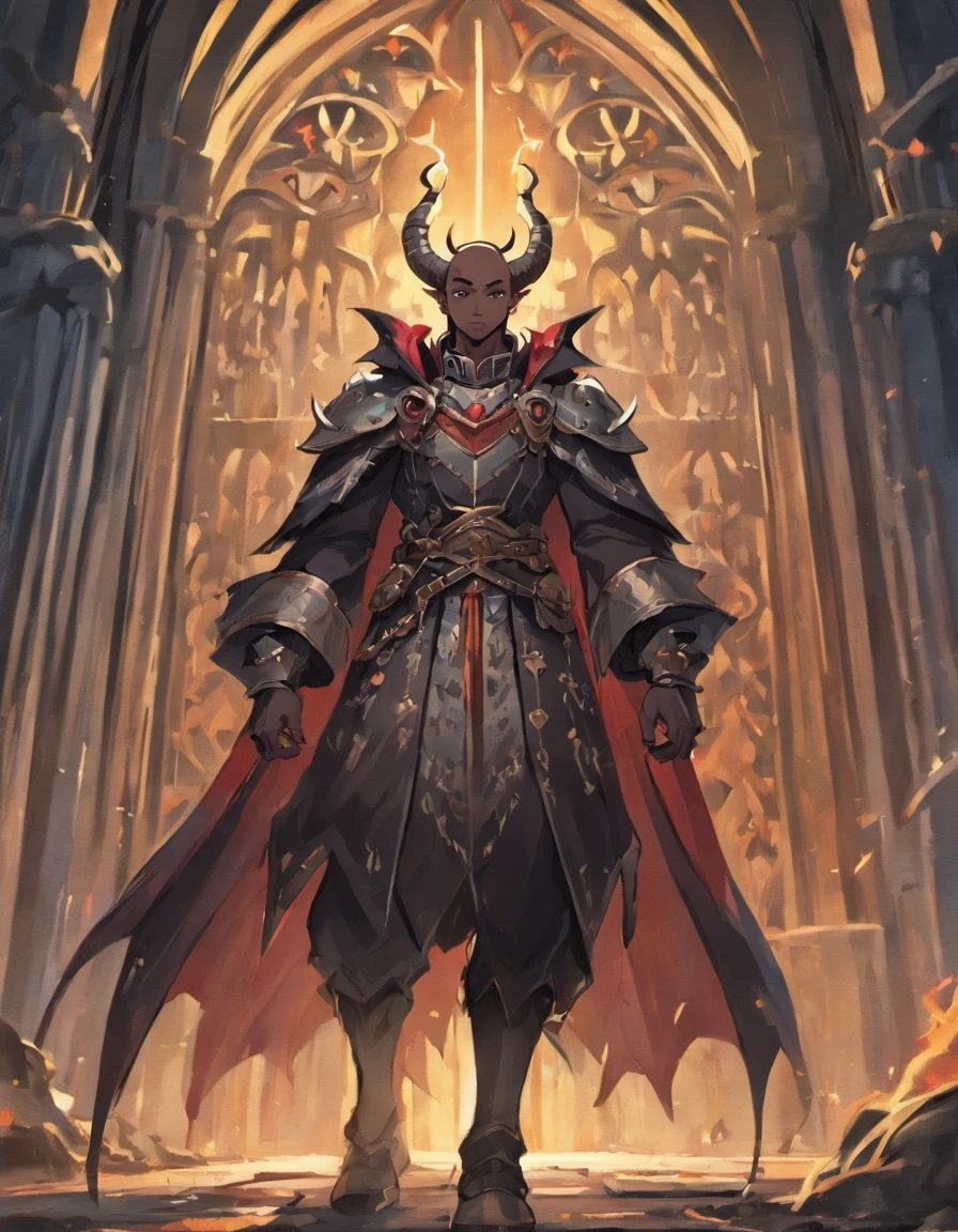 a black man in a medieval setting with demon horns, oil painting, detailed armor, majestic castle, mystical atmosphere, vibrant colors, dramatic lighting, high-res detail, fine brushstrokes, hauntingly beautiful, fantasy portrait, fierce expression, dynamic pose, magical elements