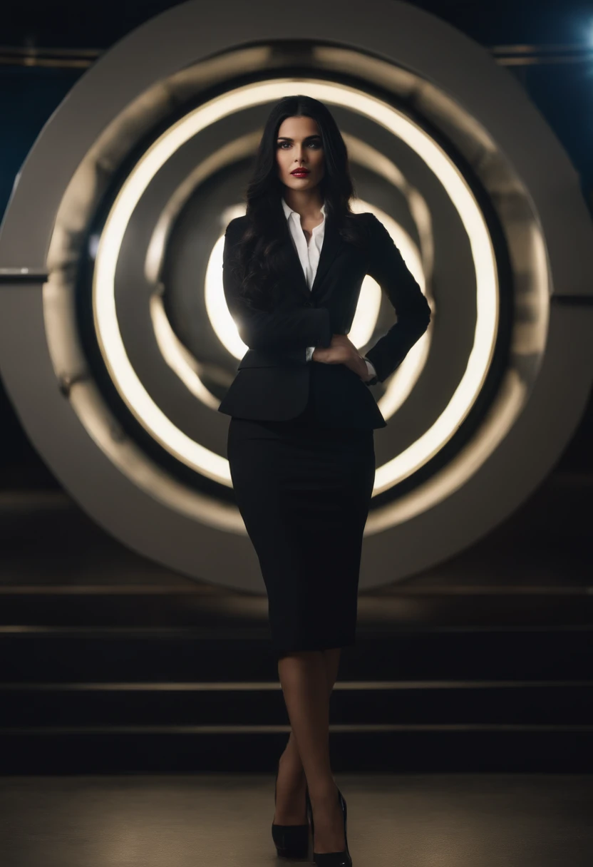 A short beautiful girl with long black hair and eyes. Good lips and diamond faceshape. standing near a disk , full body , looking to camera , giving a educational lecture , profissional outfit, wearing a suit