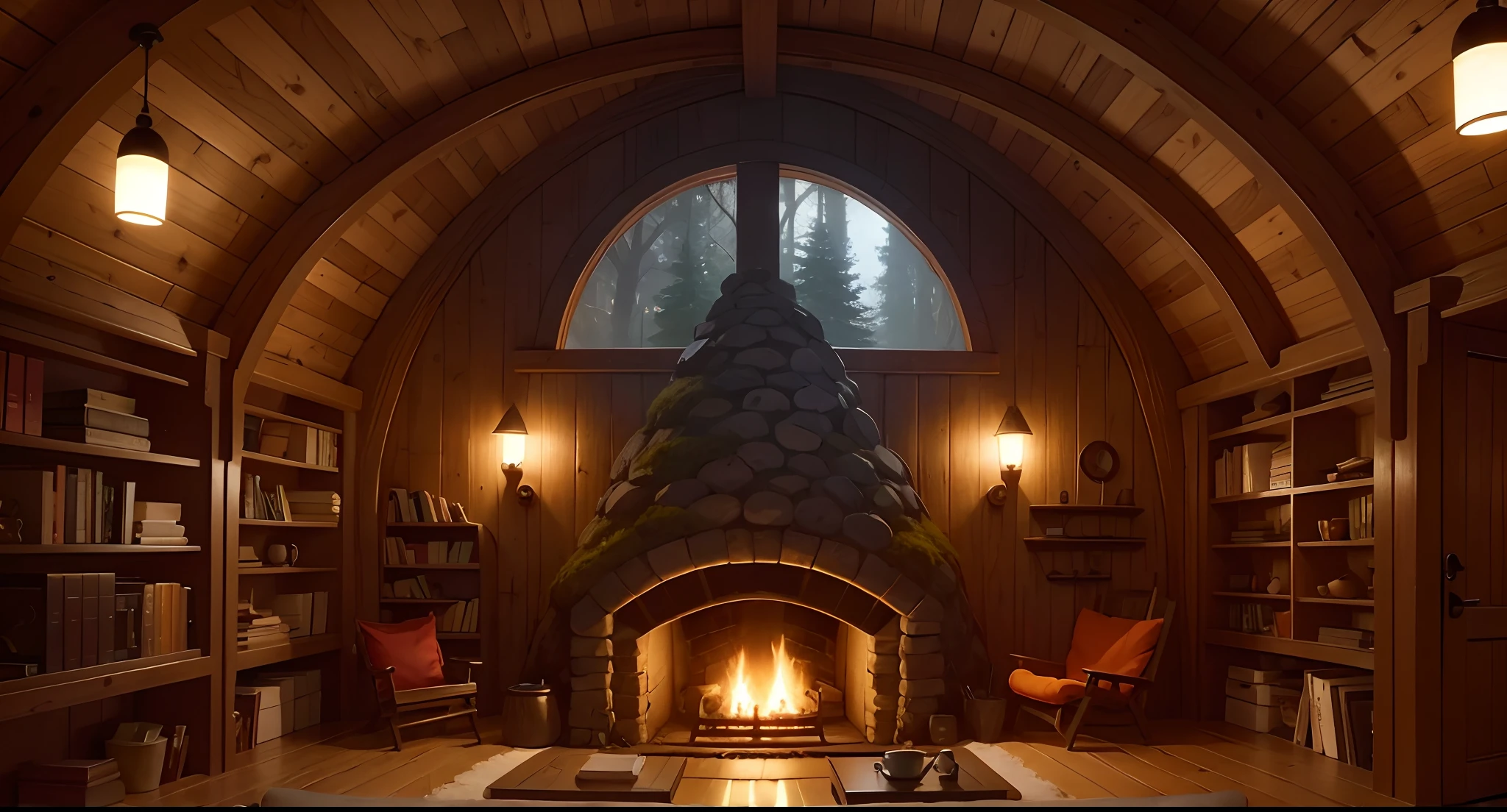 a cozy hobbit house at night, interior with rounded fireplace,with rounded windows, theres a cozy bookshelf full of books, a cozy coffee can and a coffee cup, a pile of firewood