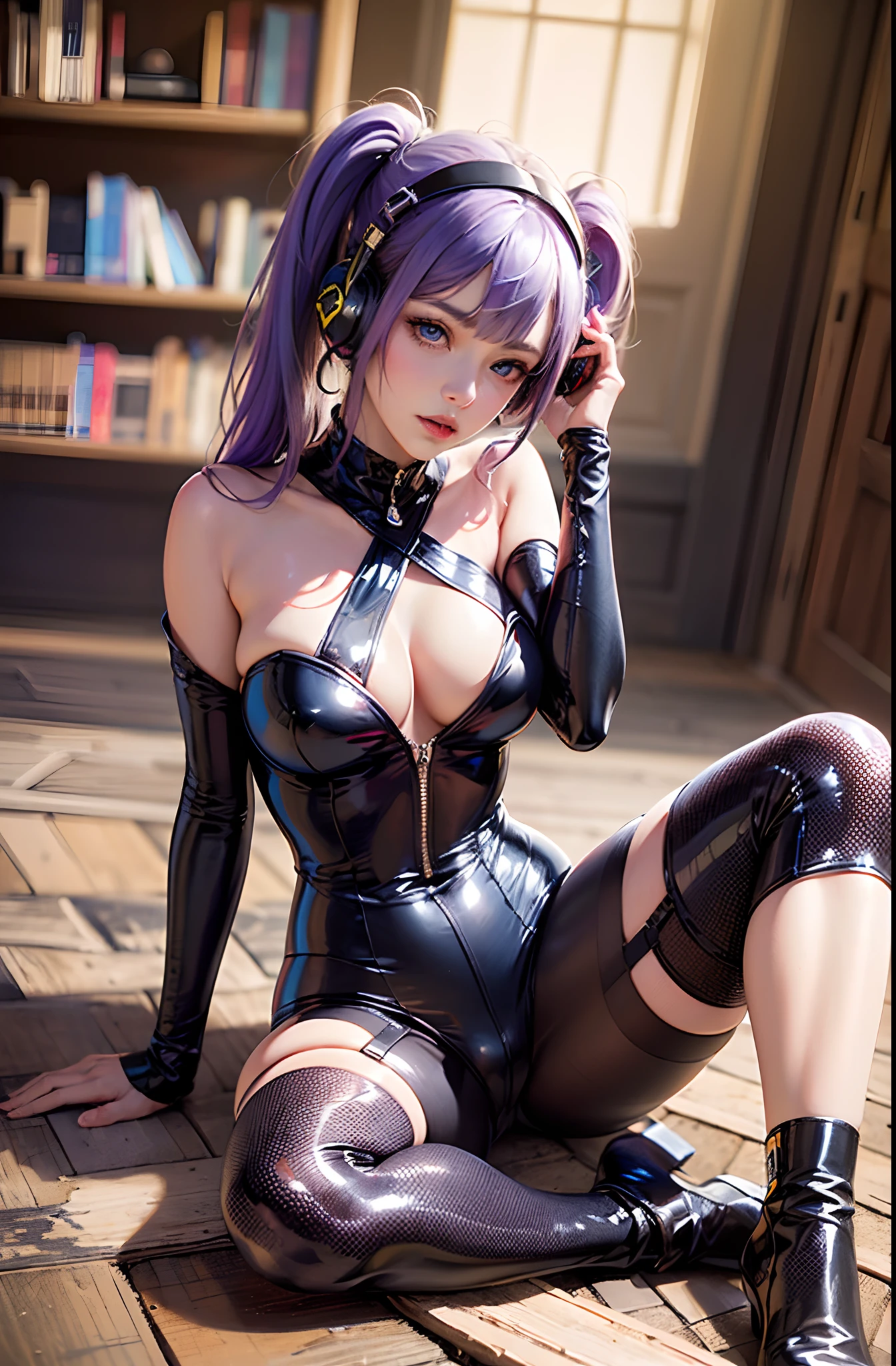 Best Quality, Masterpiece, Ultra High Resolution, (Realisticit, full body portrait:1.3), 1Girl, Bare Shoulder, full body portrait, a ruined library with high aesthetic and extreme detail,sexy red exposed bodysuit, large breasts, large buttocks, gamer headphones, shoulder length hair , large breasts, parted lips, metallic red bodysuit, blue eyes, blue, solo. Medium length pigtails,alice (masterpiece:1.4),(best quality. luminous:1.3),(shiny glossy skin),realistic, ((luminous. She's seductively on floor in Sexual pose. Romantic lighting))(( LED purple side lighting)) perfect line quality, Perfect composition.