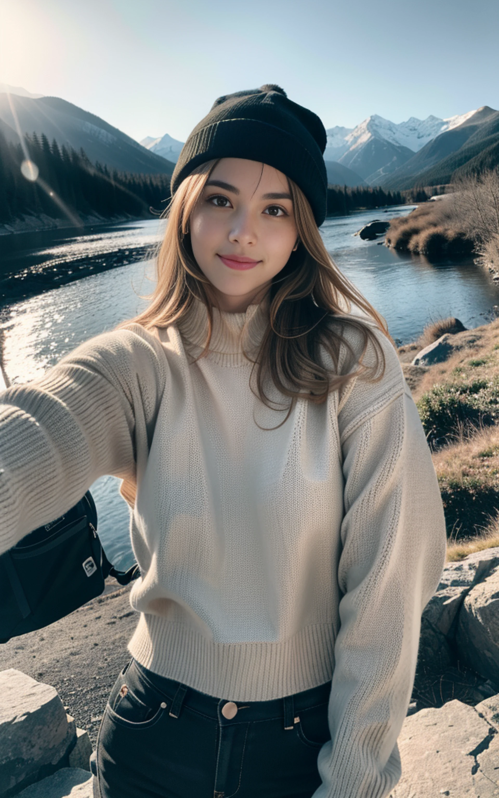 1 woman ((upper body selfie, happy)), masterpiece, best quality, ultra-detailed, solo, outdoors, (night), mountains, nature, (stars, moon) cheerful, happy, backpack, sleeping bag, camping stove, water bottle, mountain boots, gloves, sweater, hat, flashlight, forest, rocks, river, wood, smoke, shadows, contrast, clear sky, analog style (look at viewer:1.2) (skin texture) (film grain:1.3), (warm hue, warm tone:1.2), close up, cinematic light, sidelighting, ultra high res, best shadow, RAW, upper body, wearing pullover