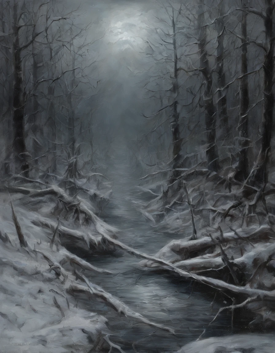 Crie uma pintura impressionistade um bruxo todo encapuzado e de pele branca assustador, cajado de rubi com pequenas asas na ponta,neve, cinzas cosmicas, artistic, intrincado