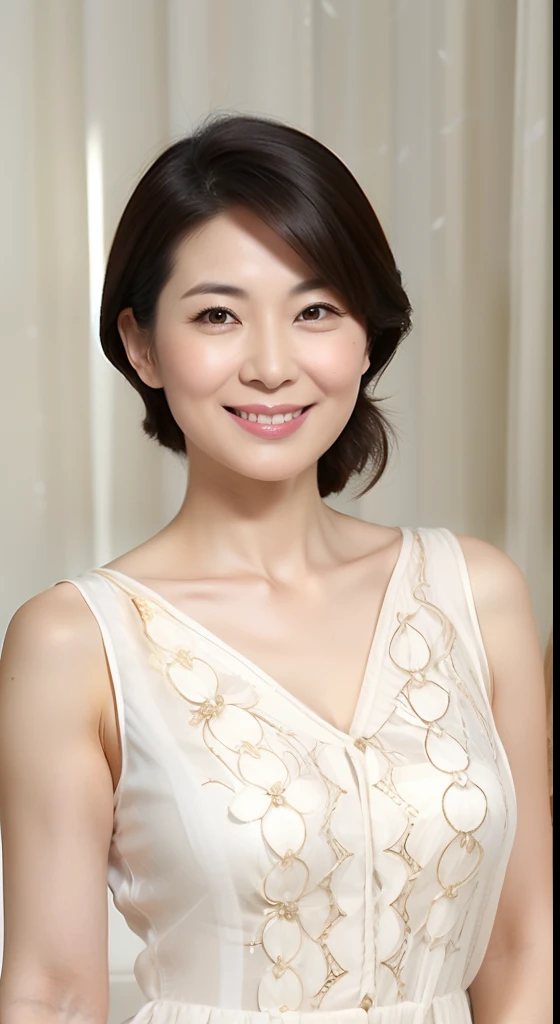 Masterpiece,Best quality, (maam. clerk:1), ((Portrait:1.3)), Cross arms,Huge room,Chest straight,Tall, Smile,Crane-patterned deep V-neck ice silk suspender nightdress,Long white legs,Plain transparent sandals,skin hyper-detail,Clear pores,in a panoramic view,Cocked buttocks,No underwear,Beautiful young Japanese woman over 50 years old, Perfect face, Fantastic look, Detailed facial features, Clean and nice face,