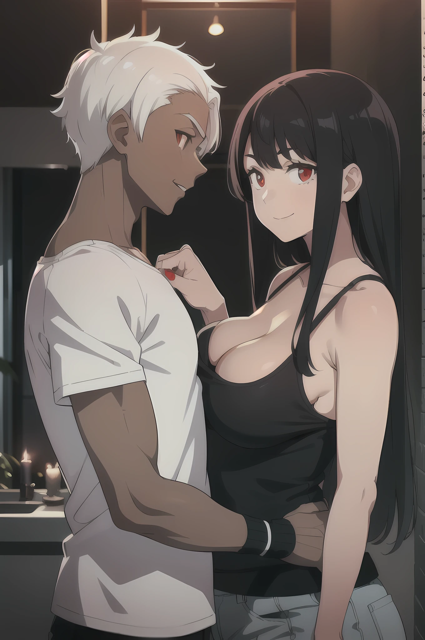 ((Girl+black hair):1.4) ((boy+white hair+red eyes):1.4) ((girl and boy, couple looking at each other, one looking at each other)) ((best quality, masterpiece, full HD, 4k, best clarity, incredible graphic quality)), ((boy: olive skin, boy with dark skin dark, good physique, spiky white hair, no shirt, hair slicked back, intimidating eyes, gentle smile, looking at girl):0.8)) / ((girl: medium breasts, black tank top, cleavage on the bust, long black hair, red eyes, gentle look, sweet smile, looking at the boy):0.8) / ((environment: dark background, standing, looking at each other, in the center of the dark scene):1.2 )