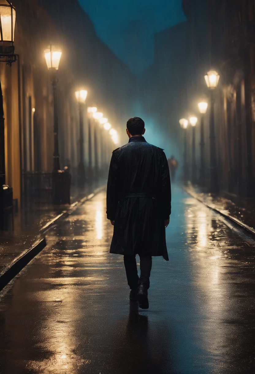 Young man walking in the rain wearing black clothes,dark animate