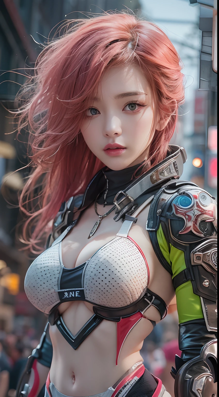 ​masterpiece, 1 beautiful girl, Detailed eye, Swollen eyes, top-quality, 超A high resolution, (reality: 1.4), 电影灯光, very extremely beautiful, Beautiful skins, A slender, Forward-facing body, (A hyper-realistic), (hight resolution), (8K), (ighly detailed), ( Best Illustration), (beautifully detailed eyes), (ultra-detailliert), 详细的脸, Bright lighting, Professional Lighting、the most beautiful and sexy cyberpunk girl, neon red hair, yellow eyes, dark african skin, wearing incredibly and extremely detailed futuristic cyberpunk battle armor, huge enormously gigantic tits, cleavage showing, tons of tattoos and piercings, in hyper futuristic city metropolis, cherry blossoms blowing in the wind, cinematic, incredibly perfect masterpiece, high quality, high resolution