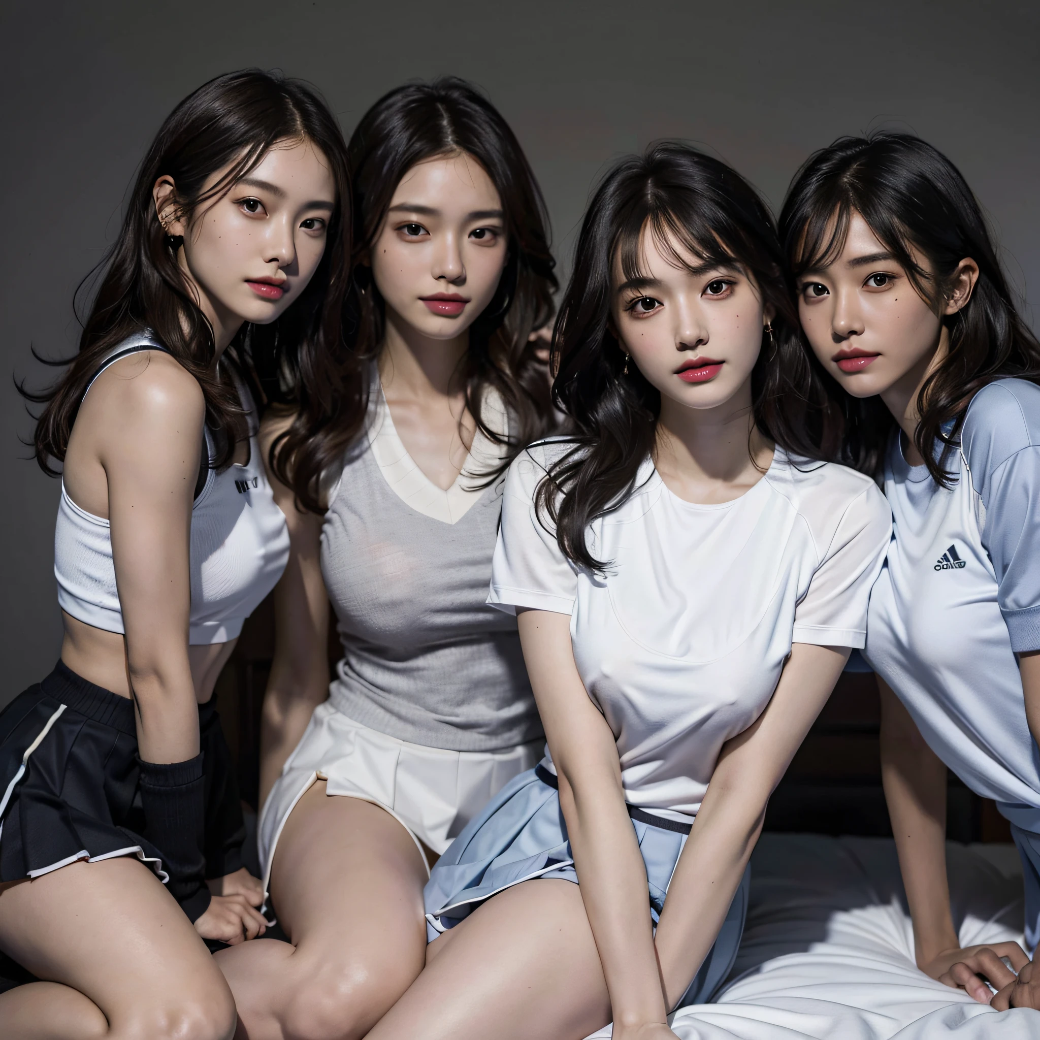 absurdres, RAW photo, extremely delicate and beautiful, masterpiece, Best Quality, ultra high resolution, 16k, hyperrealistic, ultra-detailed, Very detailed CG 8k wallpaper, Beautiful Lighting, Perfect Lightning, Realistic Shadows, perfect anatomy, super Detailed skin, perfect figure, Japanese woman, late 20s, very Slim body, narrow waist, very small head, handsome detailed woman, very detailed eyes and face, realistic face proportions, Stunning detailed eyes, Realistic beautiful face, very small face, Realistic small beautiful eyes, double eyelids, makeup, tearful mole, mole on chest, earring, bare legs, beautiful and very thin legs, beautiful and very thin thighs, (very huge round breasts:1.3), short hair, wavy hair, sweat, full body shot, (3 girls:1.5), (Tennis uniform:1.3), at bed,