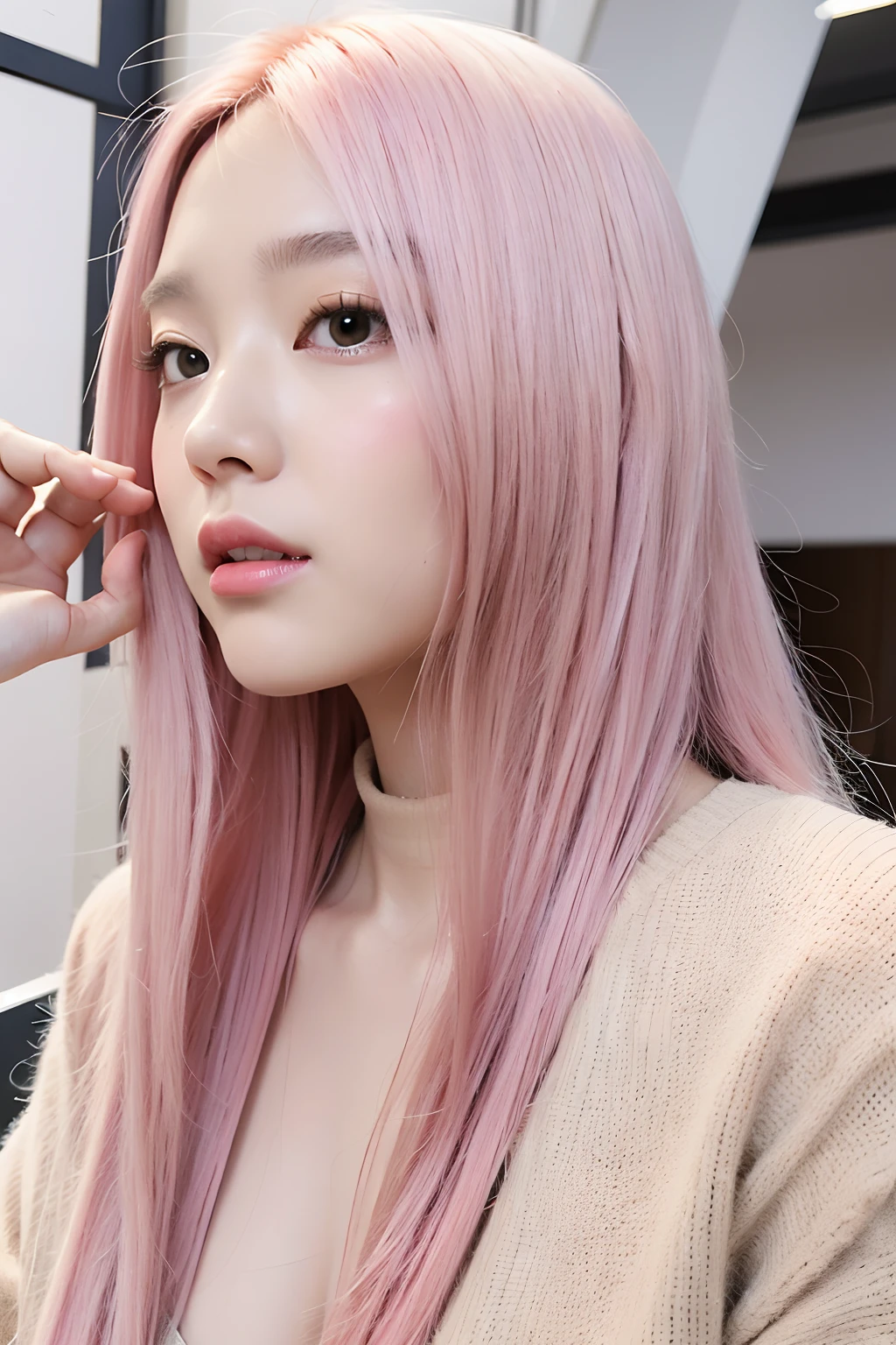 (extra detailed body、extra detailed face、best qualtiy:1.2)、femele、looking at the viewers、(futuristic cities、Pink-beige hair color)Fashionable。