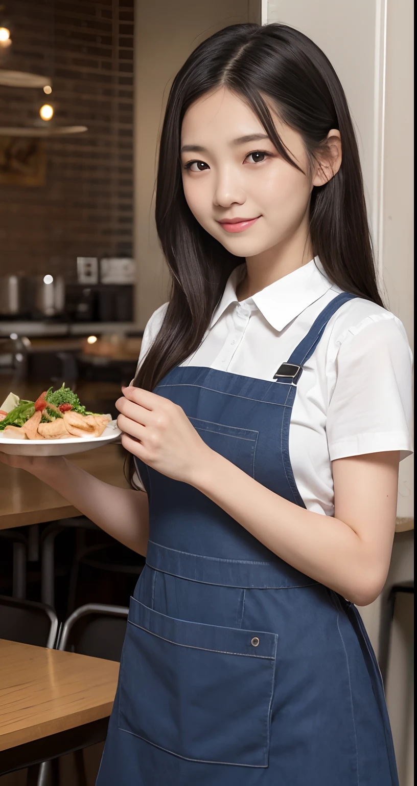 (top-quality、masterpiece:1.2)、Best Quality、realisitic、photoshot、hight resolution、1080p、8K、Textured skin、Physical Rendering、1 Japan Girls、High school students、kawaii、Young Face、Rolled hair、(waitresses:1.5、Ruffled apron)、resturant、pretty pose、full of shyness、smil、Big