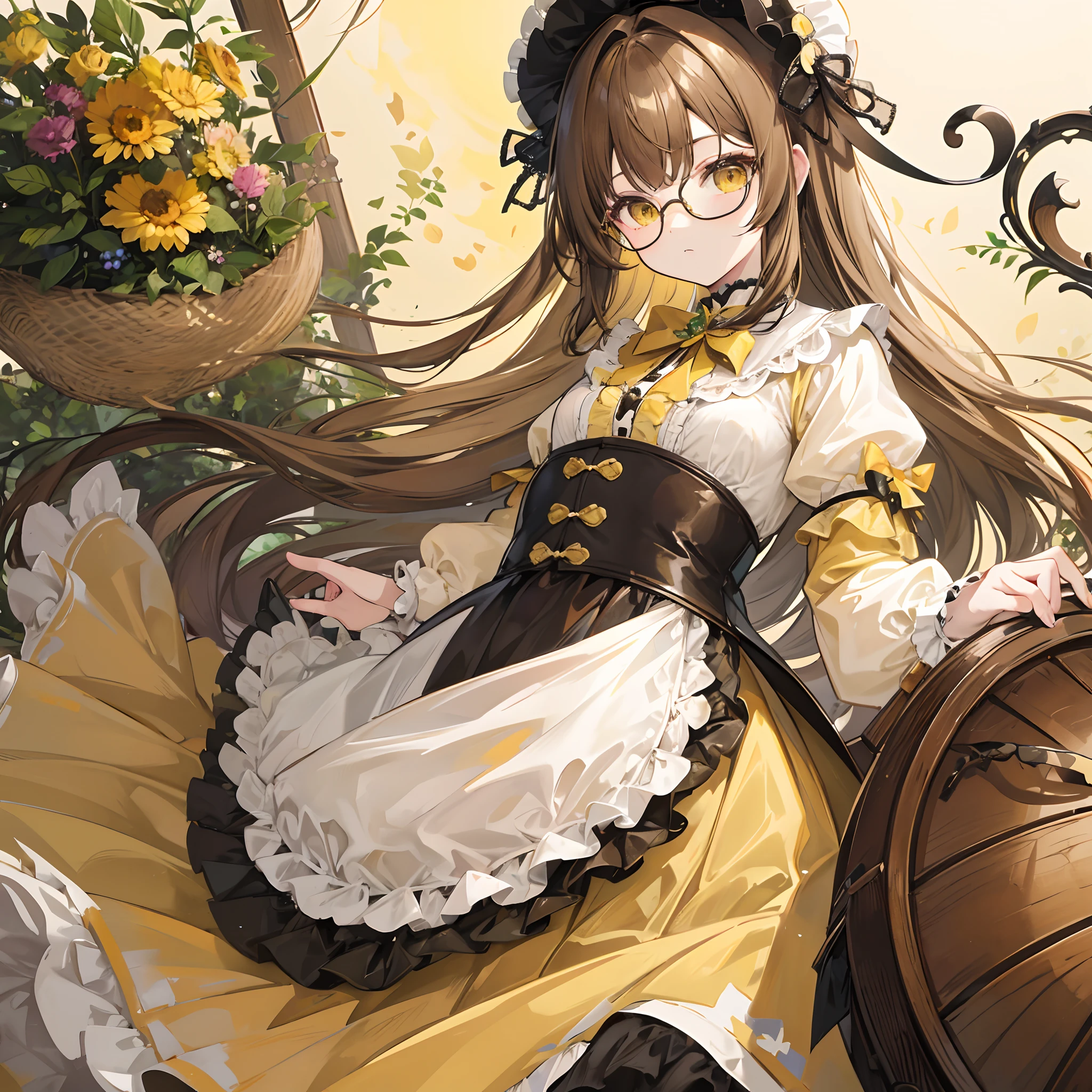 Light yellowish brown hair,With thick black-framed glasses,ta clothes in yellow-brown and pale green colors,The face is shiny and shiny,It is a cute and cute loli