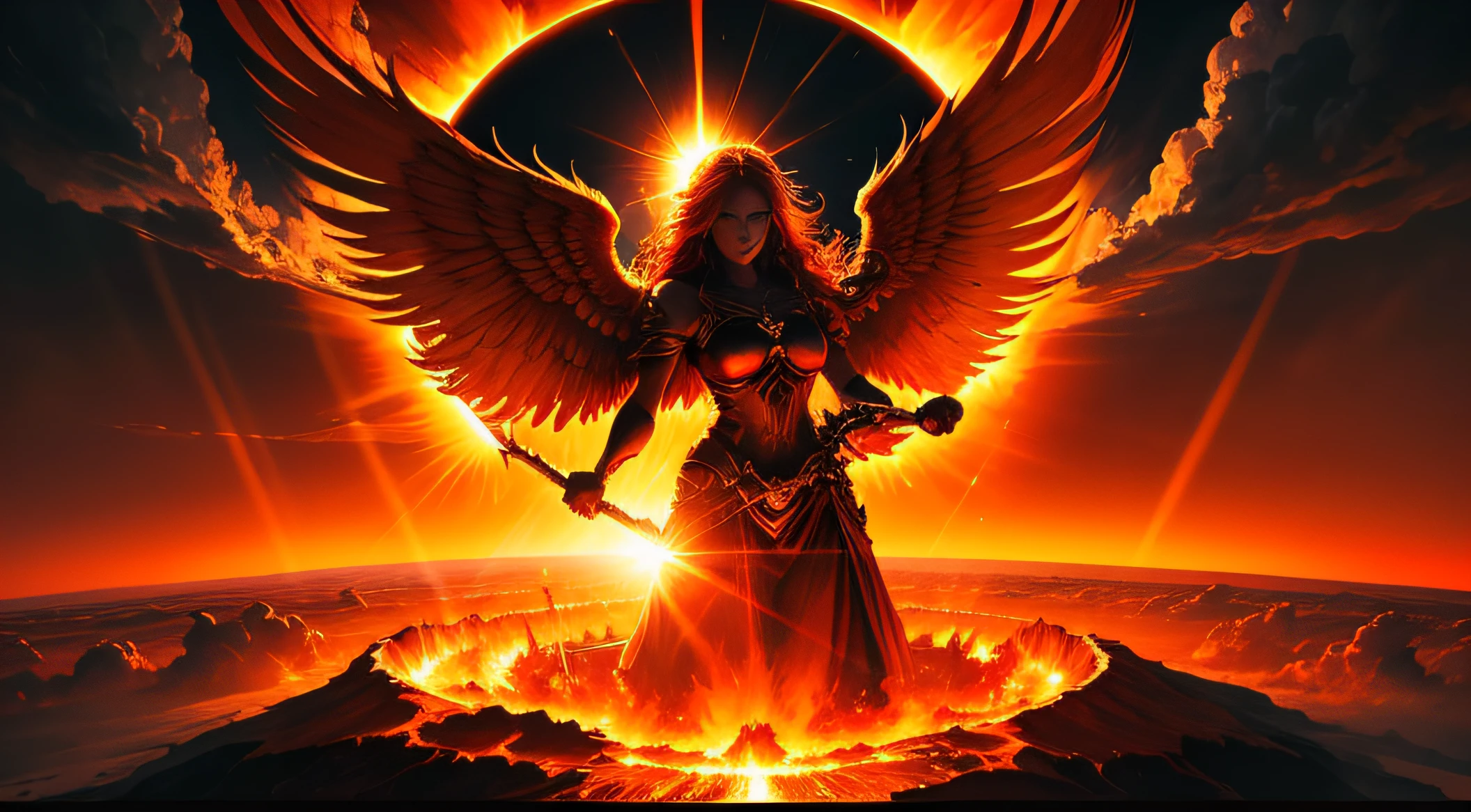 revelation 16:8, Fiery landscape, fourth angel pouring a bowl onto the sun, sun radiating intense, scorching heat, sky ablaze in shades of orange and red, dark ominous clouds, powerful sun rays striking the earth, realistic, detailed