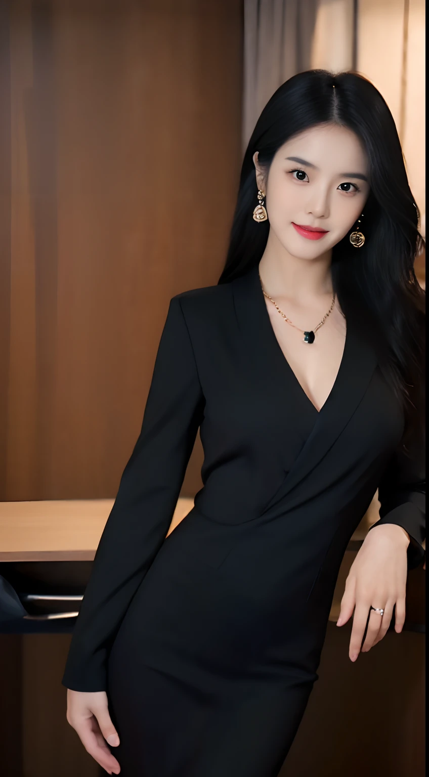 (masterpiece), a stunning photograph of korean girl model, full body, 8k, raw photo, looking at viewer, (highly detailed skin:1.2), small breasts, slim body, black hair, (photorealistic:1.4), office outfit, solo, jewelry, earrings, (looking at viewer), long hair, brown eyes, portrait, realistic, smile, makeup, office desk background