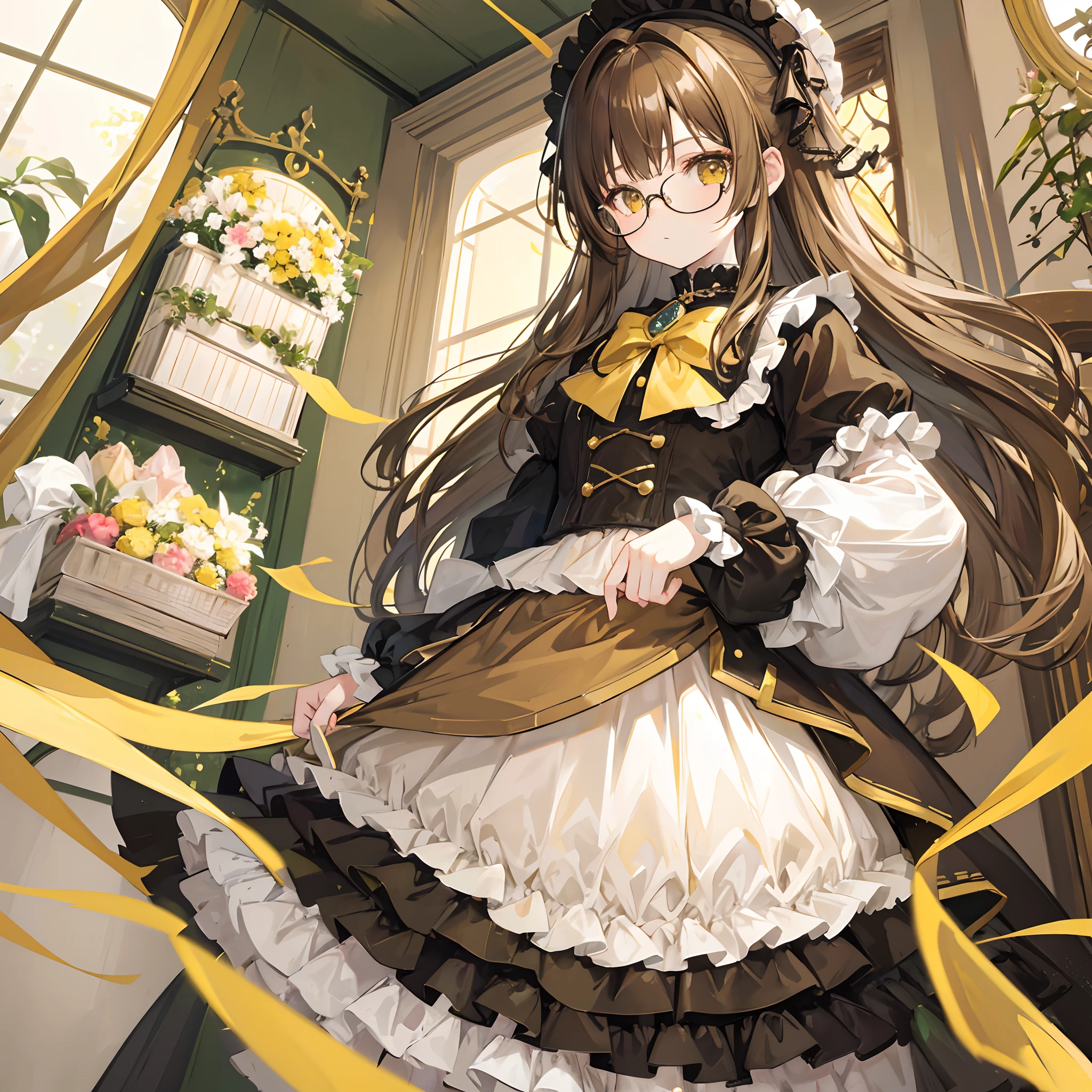 Light yellowish brown hair，With thick black-framed glasses，ta clothes in yellow-brown and pale green colors，The face is shiny and shiny，It is a cute and cute loli