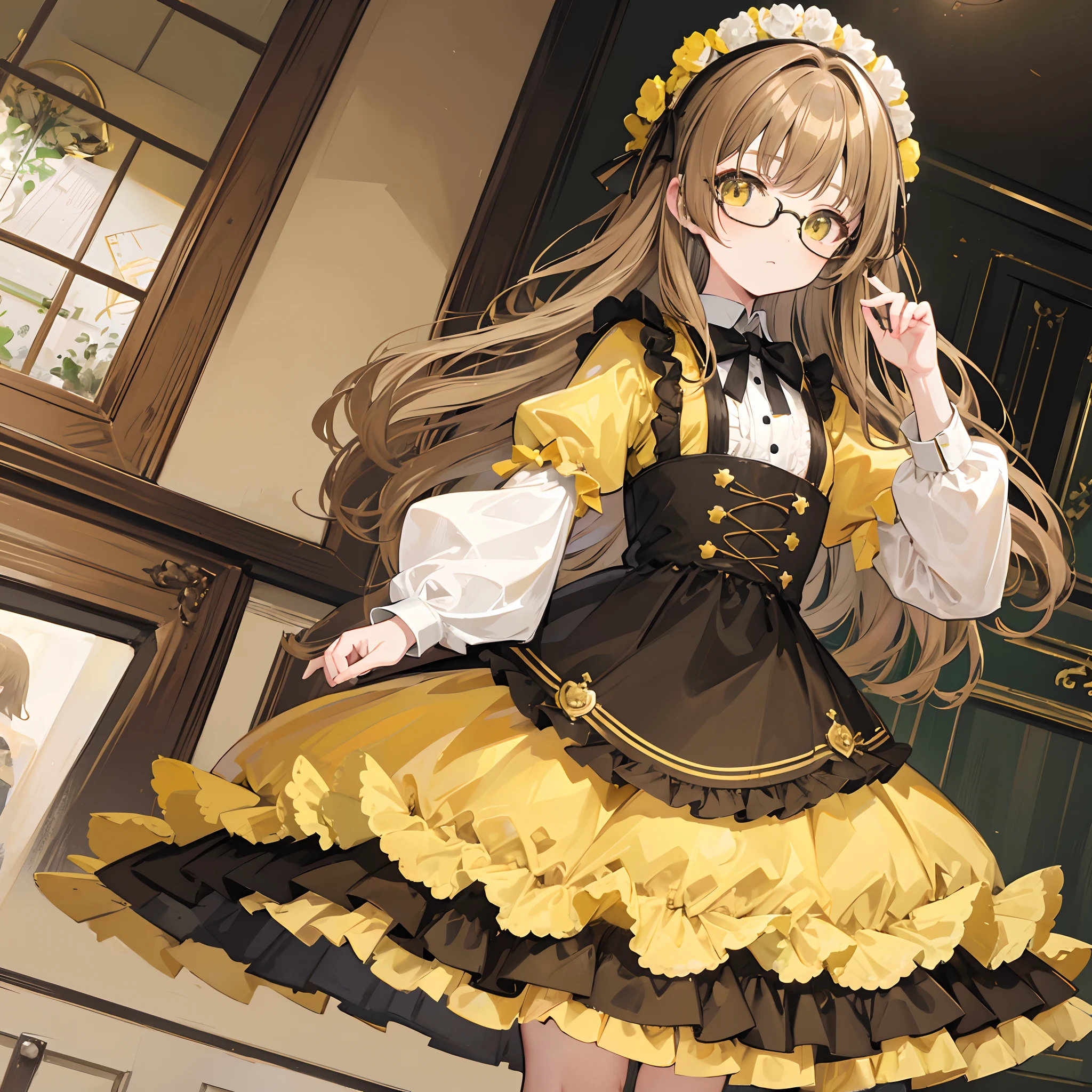 Light yellowish brown hair，With thick black-framed glasses，ta clothes in yellow-brown and pale green colors，The face is shiny and shiny，It is a cute and cute loli