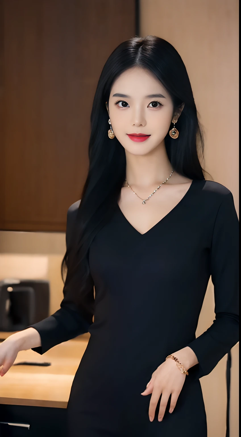 (masterpiece), a stunning photograph of korean girl model, full body, 8k, raw photo, looking at viewer, (highly detailed skin:1.2), small breasts, slim body, black hair, (photorealistic:1.4), office outfit, solo, jewelry, earrings, (looking at viewer), long hair, brown eyes, portrait, realistic, smile, makeup, office desk background