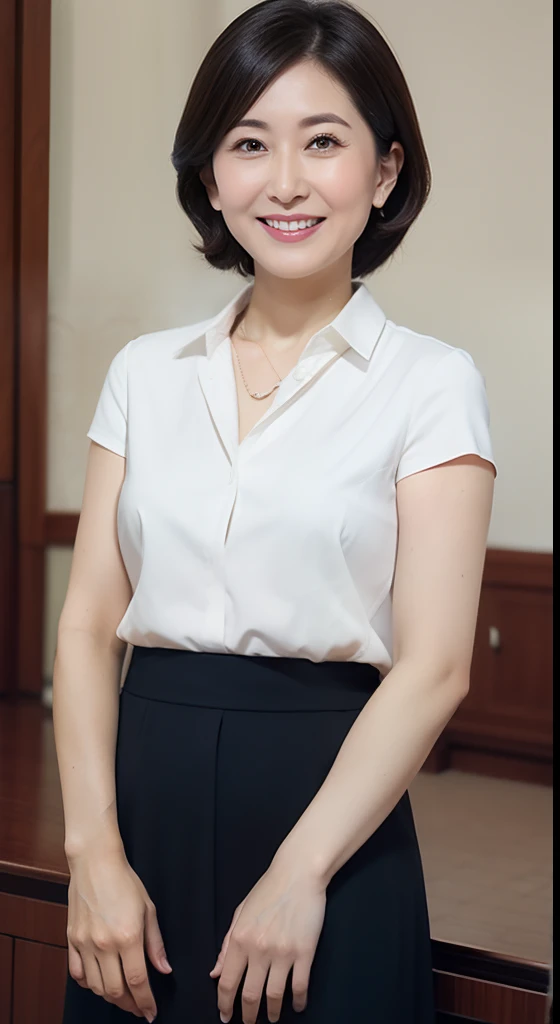 Masterpiece,Best quality, (maam. clerk:1), Cross arms,Huge room,Chest straight,Height 1.8 or more, Smile,Deep V-neck skirt,Long white legs,Plain transparent sandals,skin hyper-detail,Clear pores,in a panoramic view,Cocked buttocks,No underwear,Beautiful young Japanese woman over 50 years old, Perfect face, Fantastic look, Detailed facial features, Clean and nice face,