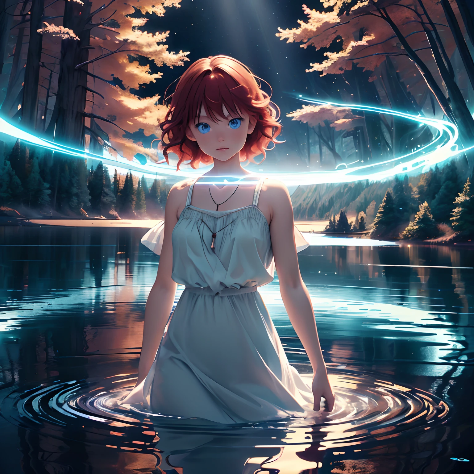 Extremely detailed, Vibrant colors, zori, forest, big sky, Lake surface reflecting light, Light and shadow reminiscent of Nordic landscapes, Cowboy Shot, 1girl in, Looking at Viewer, Ultra's detailed face and blue eyes, Empty eyes, Red hair, Short hair, Wavy Hair, Thin white dress with body silhouette floating, Light-transmitting dresses
