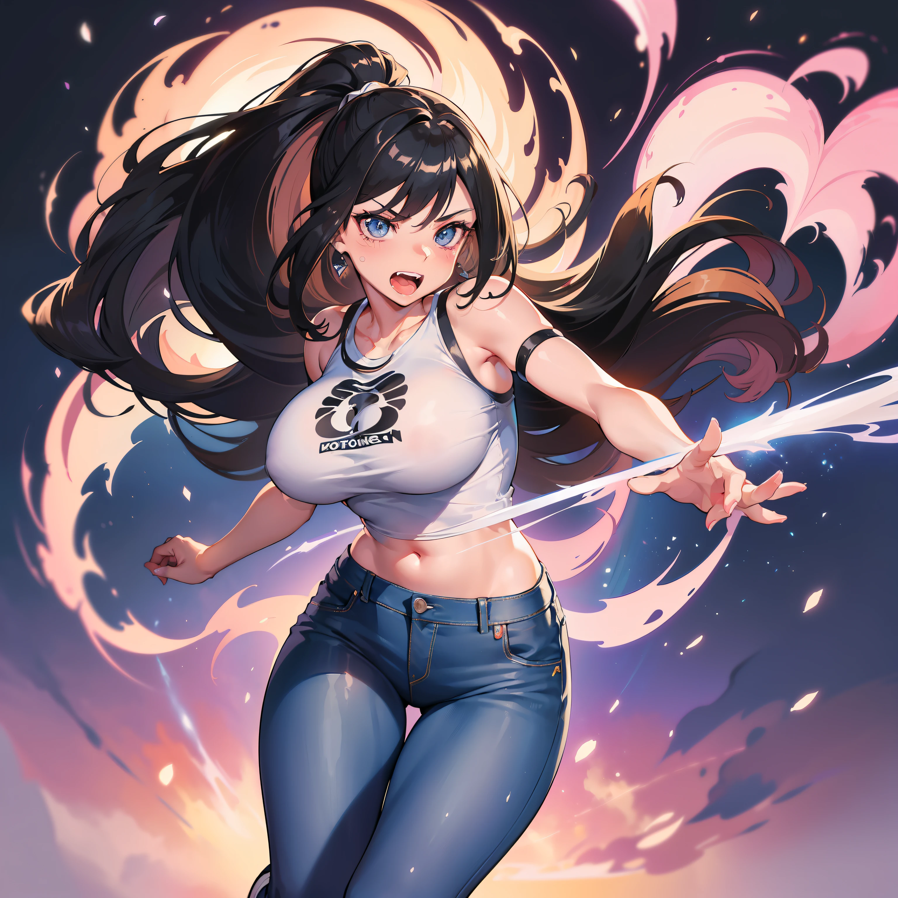 :: JOE MADUREIRA STYLE:: BEAUTIFUL WOMAN perfect and detailed, ultra detailed style clothes with tatoon designs and colors of light pink, black, white and gray, with various full-body attack poses and with immersive effects, hover effect, graphite style background with vibrant colors "ultra hdr" detailed, focus effect, sneakers all star converse black (masterpiece:  1.2, best quality), (finely detailed beautiful eyes: 1.2), extremely detailed hair, depth of field,shot with Canon EOS,lens 135mm f1.8,portrait of [x]((1Girl Kelly Brook Beautiful Woman )),long, straight black hair,with a natural glow and stuck like a ponytail ((Solo)), (Ultra detailed eyes:1.4), (Finely detailed eyes and detailed face:1.3), ), (With ULTRA DETAILED jeans and a white t-shirt with full ultra detailed tatoom print:1.3), (Beautiful and clear background:1.2), (Extremely detailed CG, Ultra-detailed, Best Shadow:1.1),("" character with his super power in the right fist")((Depth of field and blur)), ((Watercolor)), Large breasts, Bare shoulders, Flowers and petals, Beautiful conceptual illustration , (white background:0.5),  (Illustration :1.1), (extremely thin and beautiful: 1.1), (perfect details: 1.1) graffiti style background, freedom, screaming with angry face, digital illustration, perfect anatomy, centered, approaching perfection, dynamic, highly detailed, watercolor painting, artstation, conceptual art, smooth, sharp focus, illustration, perfect anatomy, centered, approaching perfection, dynamic, highly detailed, character sheet, artstation, concept art, smooth,  sharp focus, illustration, full body shot, character sheet, lightning wave, beautiful anime watercolor painting,