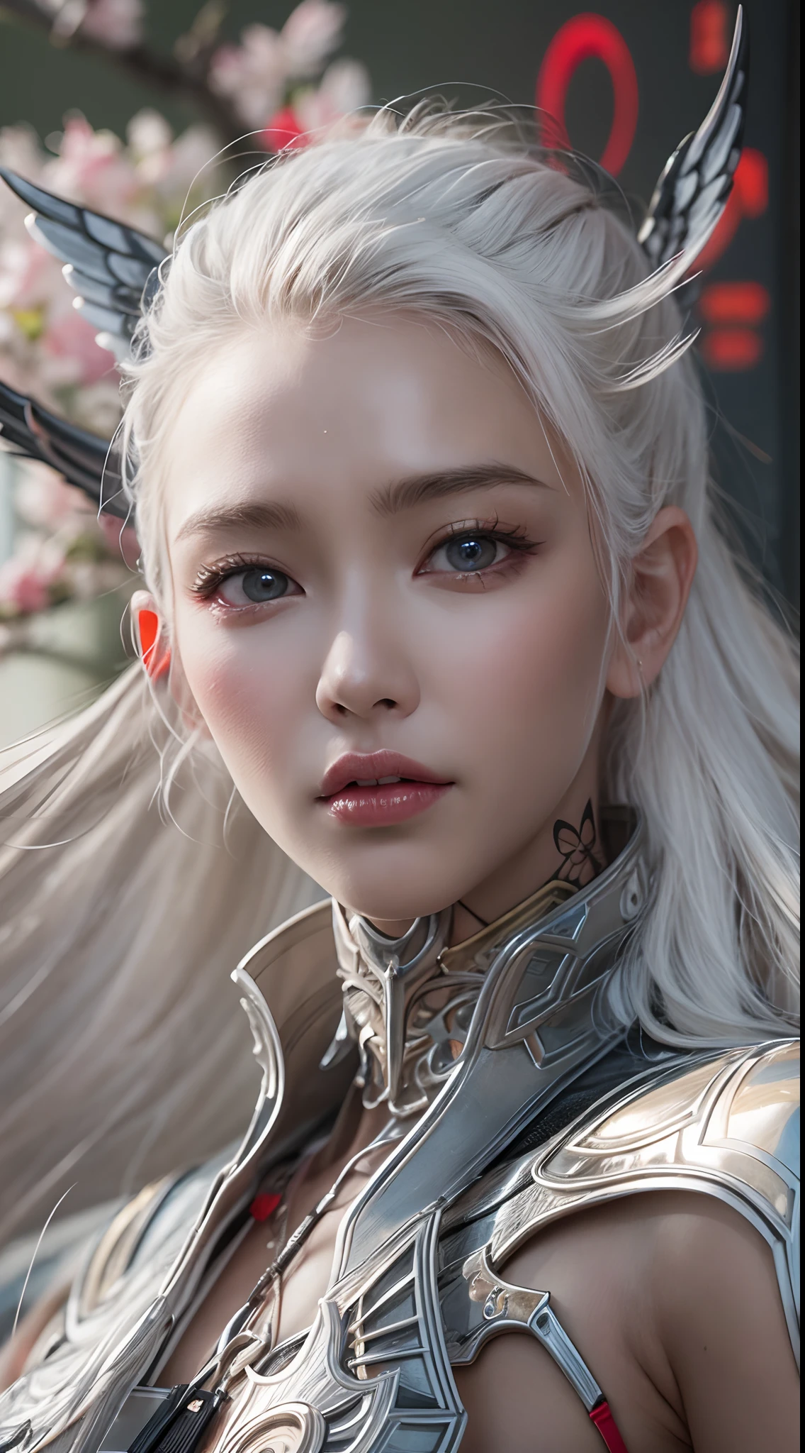 masterpiece, 1 beautiful girl, Detailed eye, Swollen eyes, top-quality, 超A high resolution, (reality: 1.4), 电影灯光, very extremely beautiful, Beautiful skins, A slender, Forward-facing body, (A hyper-realistic), (hight resolution), (8K), (ighly detailed), ( Best Illustration), (beautifully detailed eyes), (ultra-detailliert), 详细的脸, Bright lighting, Professional Lighting、the most beautiful and sexy cyberpunk warrior goddess, platinum white hair, red eyes, dark african skin, wearing incredibly and extremely detailed futuristic cyberpunk battle armor, beautiful angel wings, huge enormously gigantic tits, cleavage showing, tons of tattoos and piercings, in hyper futuristic city metropolis, cherry blossoms blowing in the wind, incredibly cinematic, incredibly perfect masterpiece, incredibly high quality, incredibly high resolution