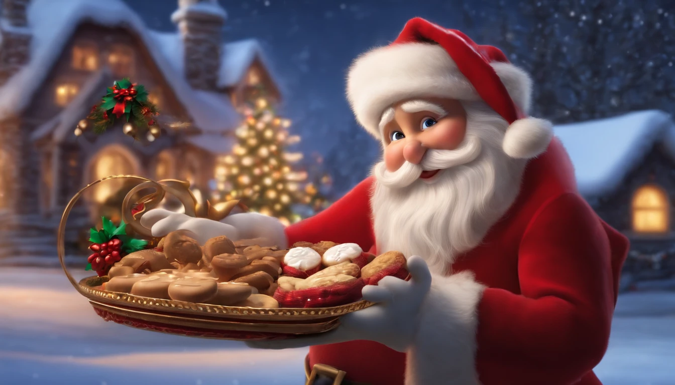 cute female mouse, dressed in red dress, handing santa claus a tray with milk and cookies, outside, santa in sleigh