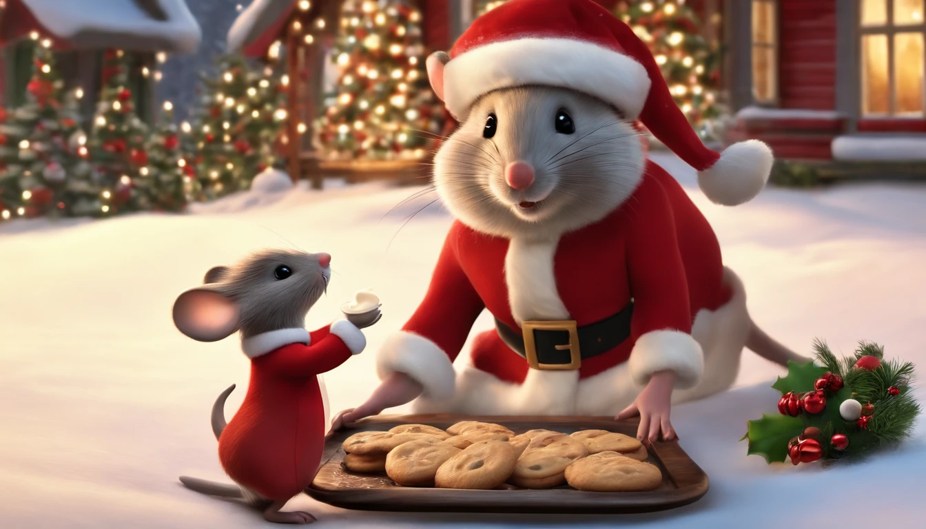 cute female mouse, dressed in red dress, handing santa claus a tray with milk and cookies, outside, santa in sleigh