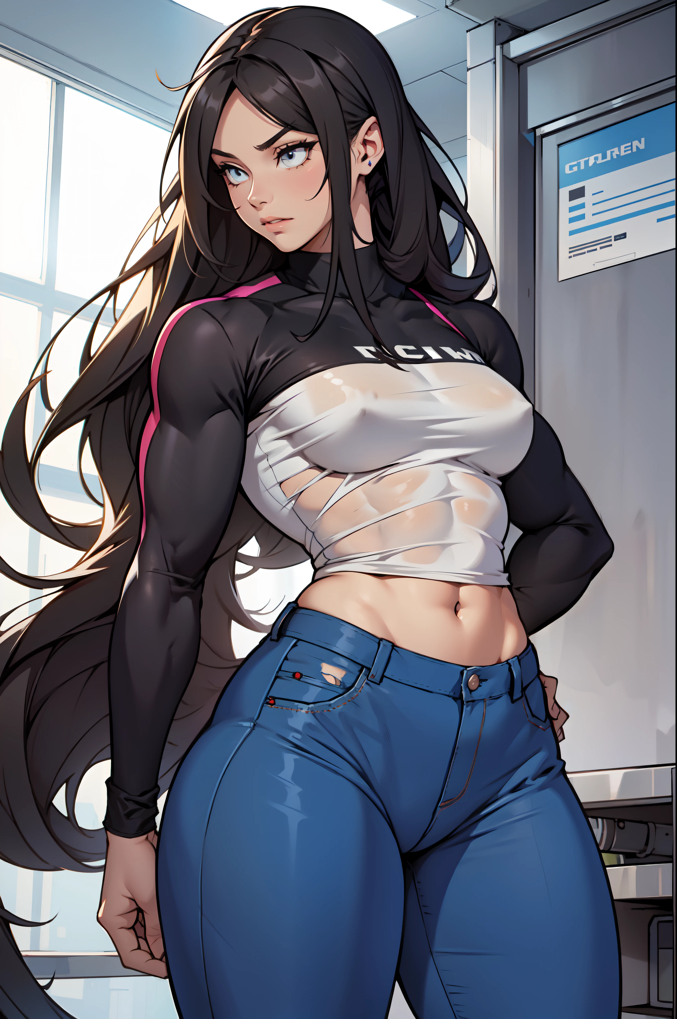 extremely long hair perfect anatomy 1 girl tall solo curvy (muscular) tight shirt tight pants cowboy shot see-through