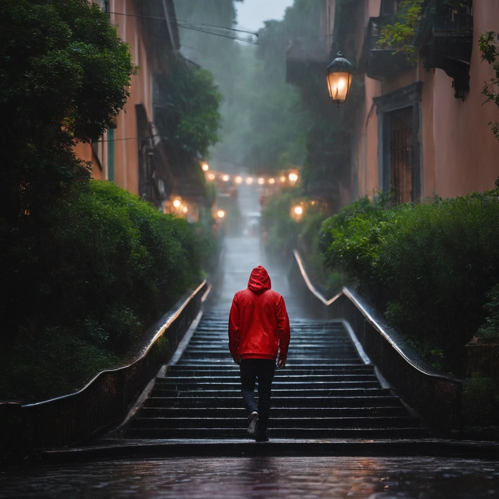 Young man walking in the rain, climbing a staircase, wearing a black hoodie