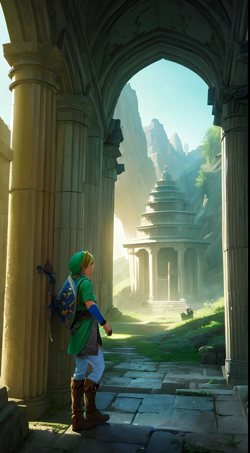 (masterpiece), best quality, 1man, ((a hero exploring an misteryous temple)) ,brave,((epic)), cinematic,is a magical florest, green ladscape, (((a green temple))), shield on back, green tunic, hat, ootLink, fingerless gloves, boots, belt, weapon on back, perfect hands, close up, perfect face, expressive eyes, ootLink, shield,zelda, dungeon, florest,tall trees, dense florest, dark florest BREAK t is a epic image, the image transmit a brave feeling, fantasy, magical, game, death,danger, dangerous, hidden danger, depth, badass, cool, wallpaper, intricate, ruins, BREAK a men walking in a dangerous landscape, the landscape is full of muss and vegetation, there is temple in the background, is a abandonend temple, a breath taking view, the color scheme is green, the image transmit an epic and adventurous feeling, brave emotions, is a cinematic shot, the image has a mix of dark fantasy with game fantasy style,