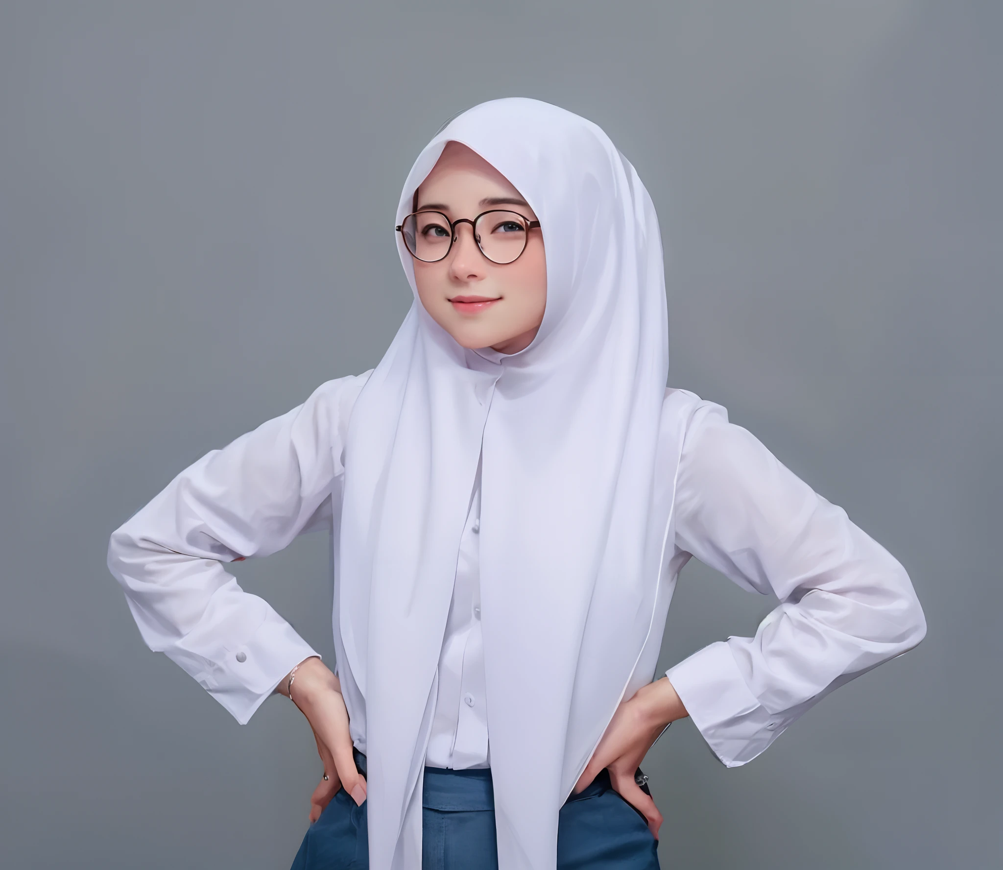 works, best quality, highly detailed, illustrations, epic lighting, cinematic composition, isometric, 1girl, solo, cute, wearing glasses, beautiful eyes, hair covered in hijab, bright white hijab, long white girl shirt, gray skirt, formal , beautiful, pose according to photo, hands holding waist, looking at the audience, sweet smile, standing, sweet smile, anime