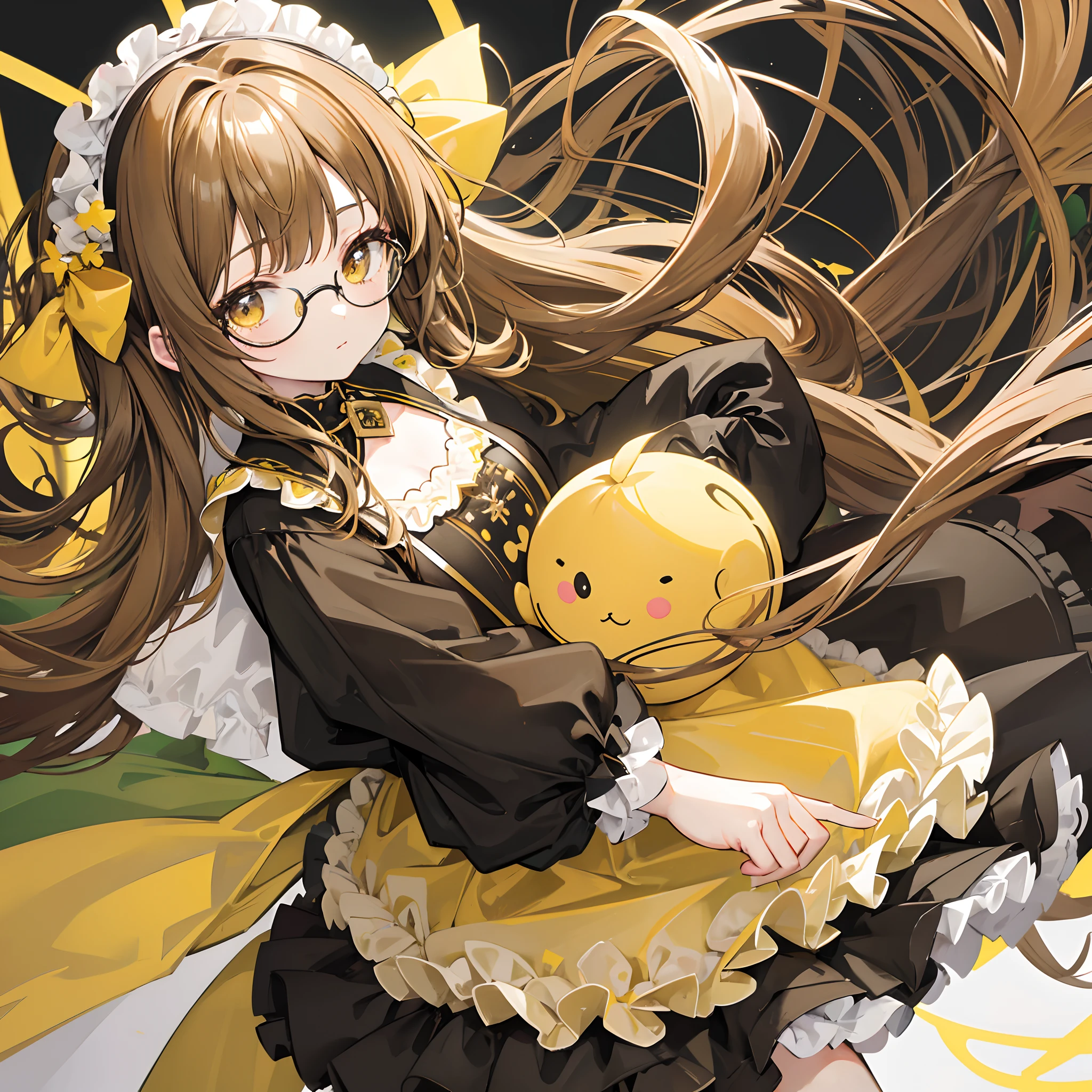Light yellowish brown hair,With thick black-framed glasses,ta clothes in yellow-brown and pale green colors,The face is shiny and shiny,It is a cute and cute loli