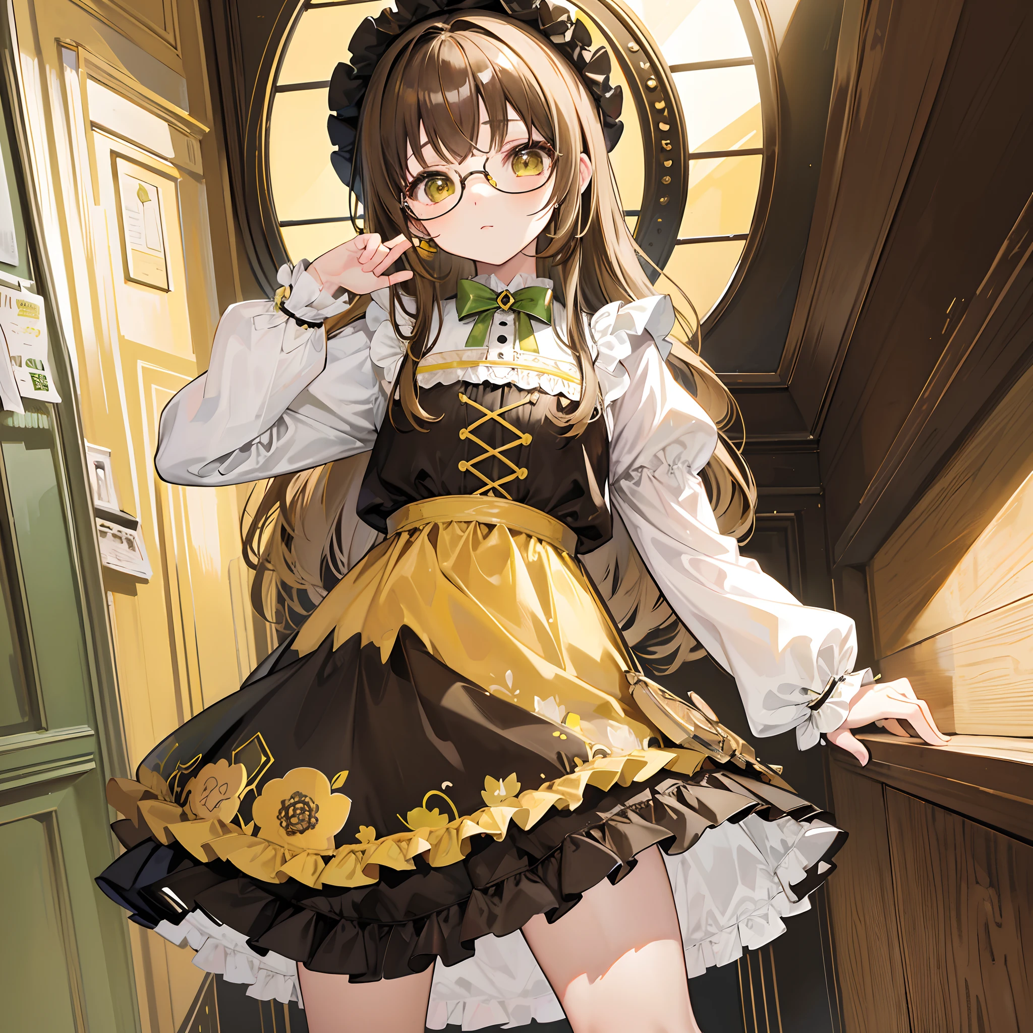 Light yellowish brown hair,With thick black-framed glasses,ta clothes in yellow-brown and pale green colors,The face is shiny and shiny,It is a cute and cute loli