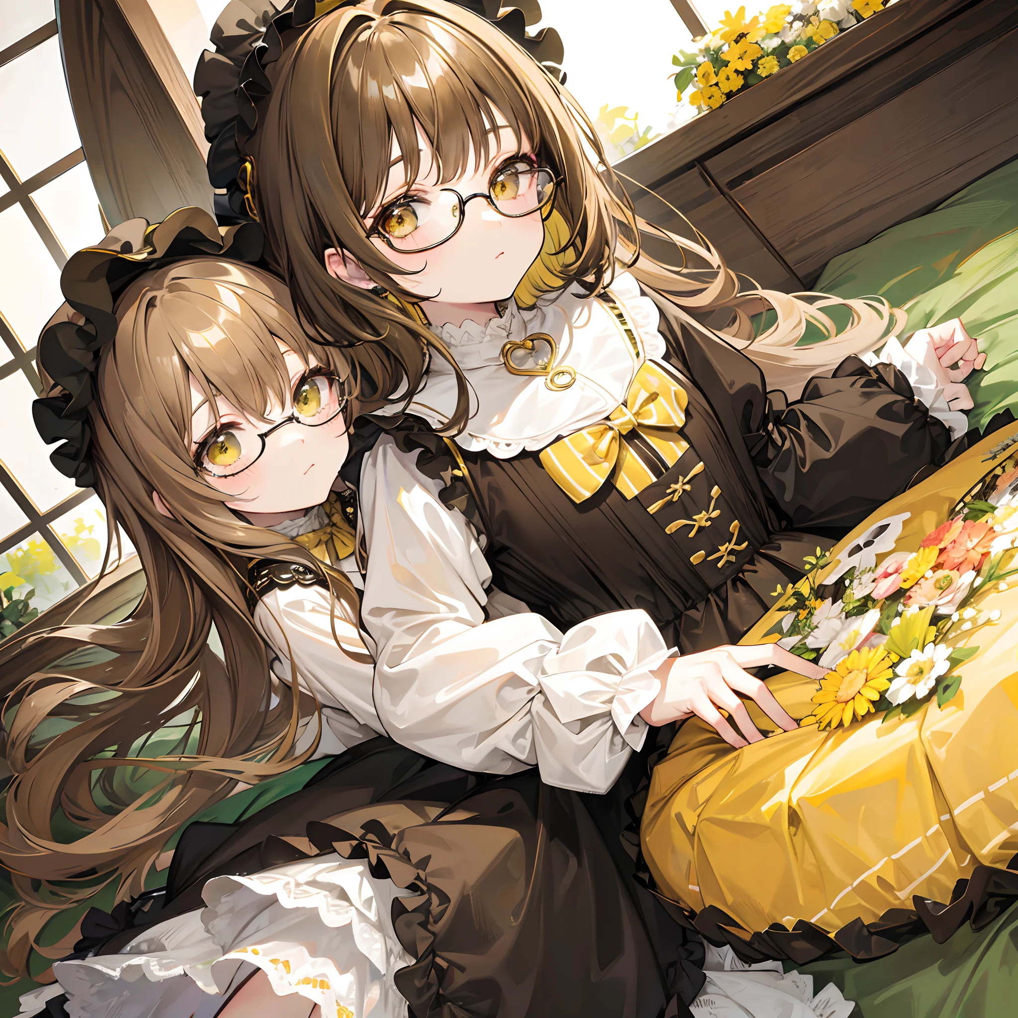 Light yellowish brown hair,With thick black-framed glasses,Lolita clothes in yellow-brown and pale green colors,The face is shiny and shiny,It is a cute and cute loli