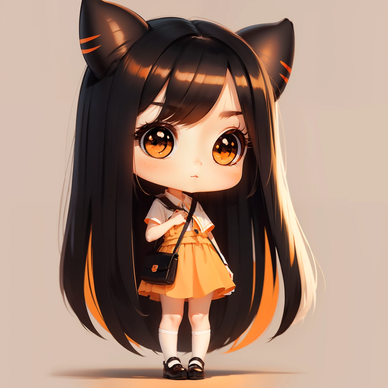 ​masterpiece、detaileds、Soft lighting、Rabbit eared girl with long black hair、Orange-eyed chibi、white backgrounid、simple background、