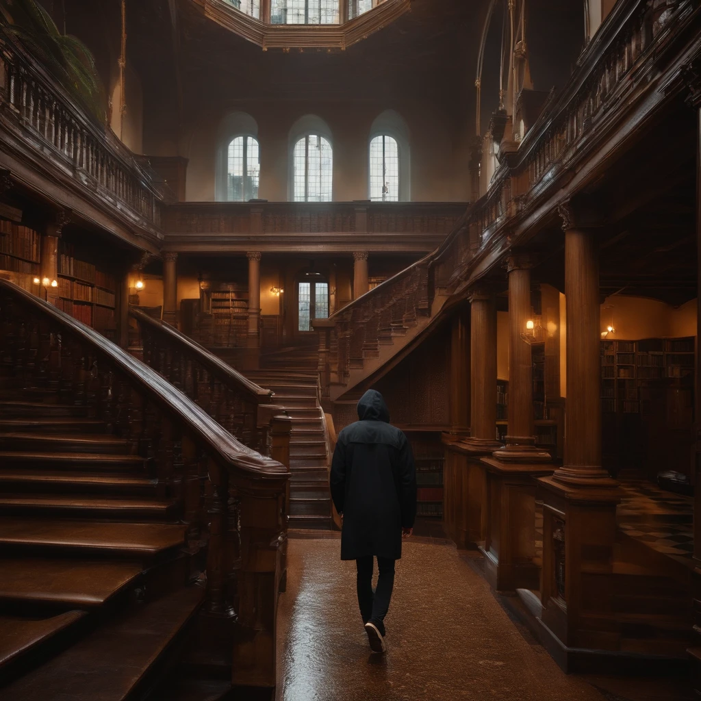 Young man walking in the rain, climbing a staircase in an old library, citizen in the background, wearing a black hoodie
