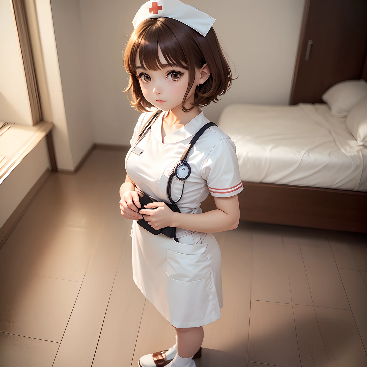 (Very cute and beautiful chibi anime girl), Best Quality, ultra-detailliert, 1girl in, Solo, Standing, Brown hair, Short hair, Brown eyes, Bangs, medium breasts, ((Wearing a white nurse uniform)), stare, White loafers, Wink, Looking at Viewer, Simple flat background