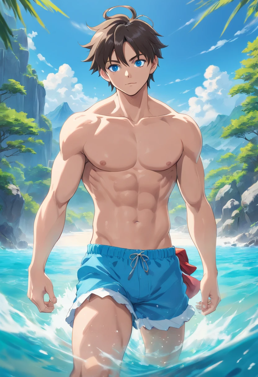 (best quality,4k,8k,highres,masterpiece:1.2),ultra-detailed,realistic,blue eyes,toned abs,full body,jewelry,focus on male,pectoral muscles,solo performance,swimming trunks,bare-chested male,barefoot,full body
